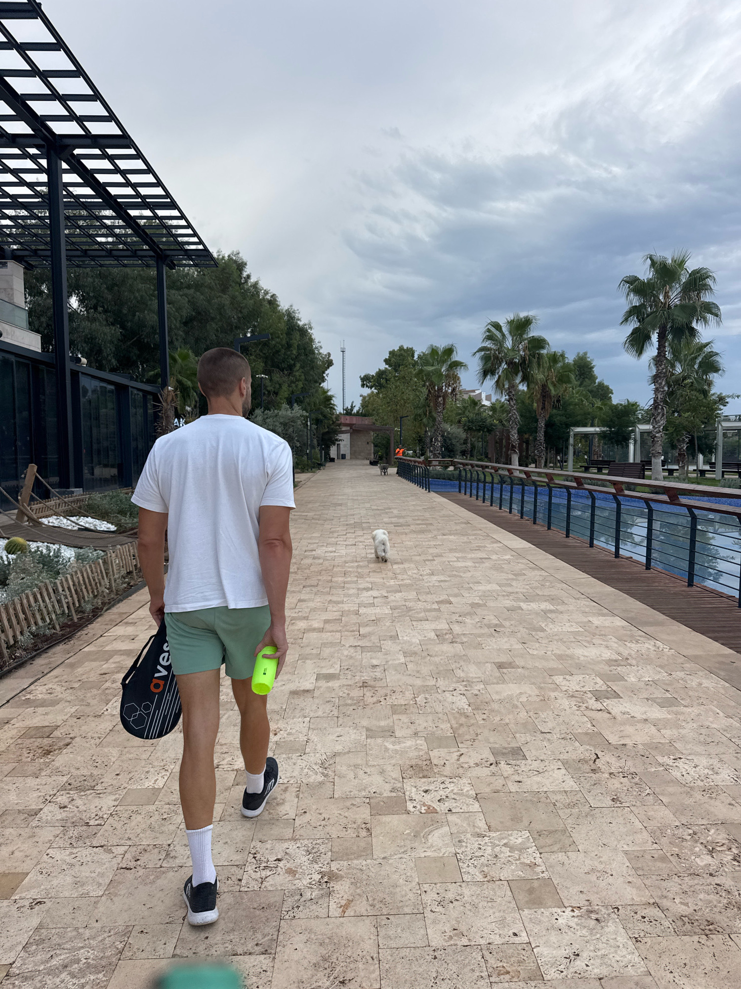In Antalya, Turkey, a man with a shaved head walks away from the camera on a stone-paved promenade next to a body of water. He is wearing a white t-shirt, light green shorts, white socks, and black athletic shoes. He is carrying a black bag with a white logo on his left side and a bright green water bottle in his right hand. A small white dog walks on the promenade ahead of him, and another dog, possibly a greyhound, is visible further down, near a person wearing an orange vest. Palm trees and other greenery line the promenade, with modern architecture and seating areas visible in the background. The sky is overcast.