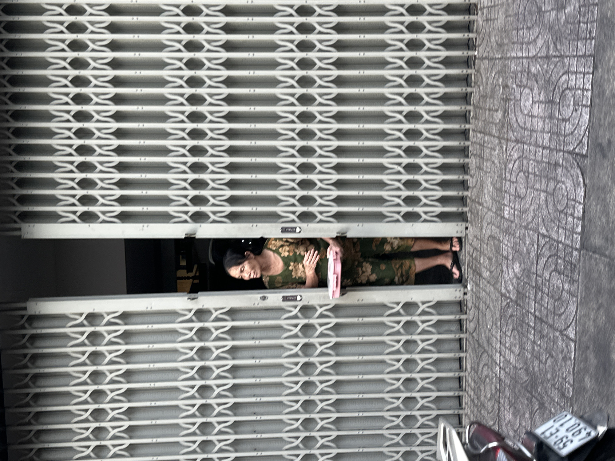 A medium, eye-level, angled outdoor shot shows a person standing at an partially open metal grid door on a street, with a motorcycle parked nearby in the city of Thủ Đức, Vietnam. The grid door, painted light gray, is composed of multiple horizontal bars, and features a repeating "X" pattern. The door is open slightly, allowing a person to stand within the doorway. The person, a woman, appears to be of Asian descent, with dark hair and wearing a green patterned outfit. She is holding a pink object in her hands. The street next to the door is paved with patterned gray tiles. A portion of a motorcycle is visible in the lower right corner of the frame. The license plate is visible, with the numbers and letters 59-E1 067.43.