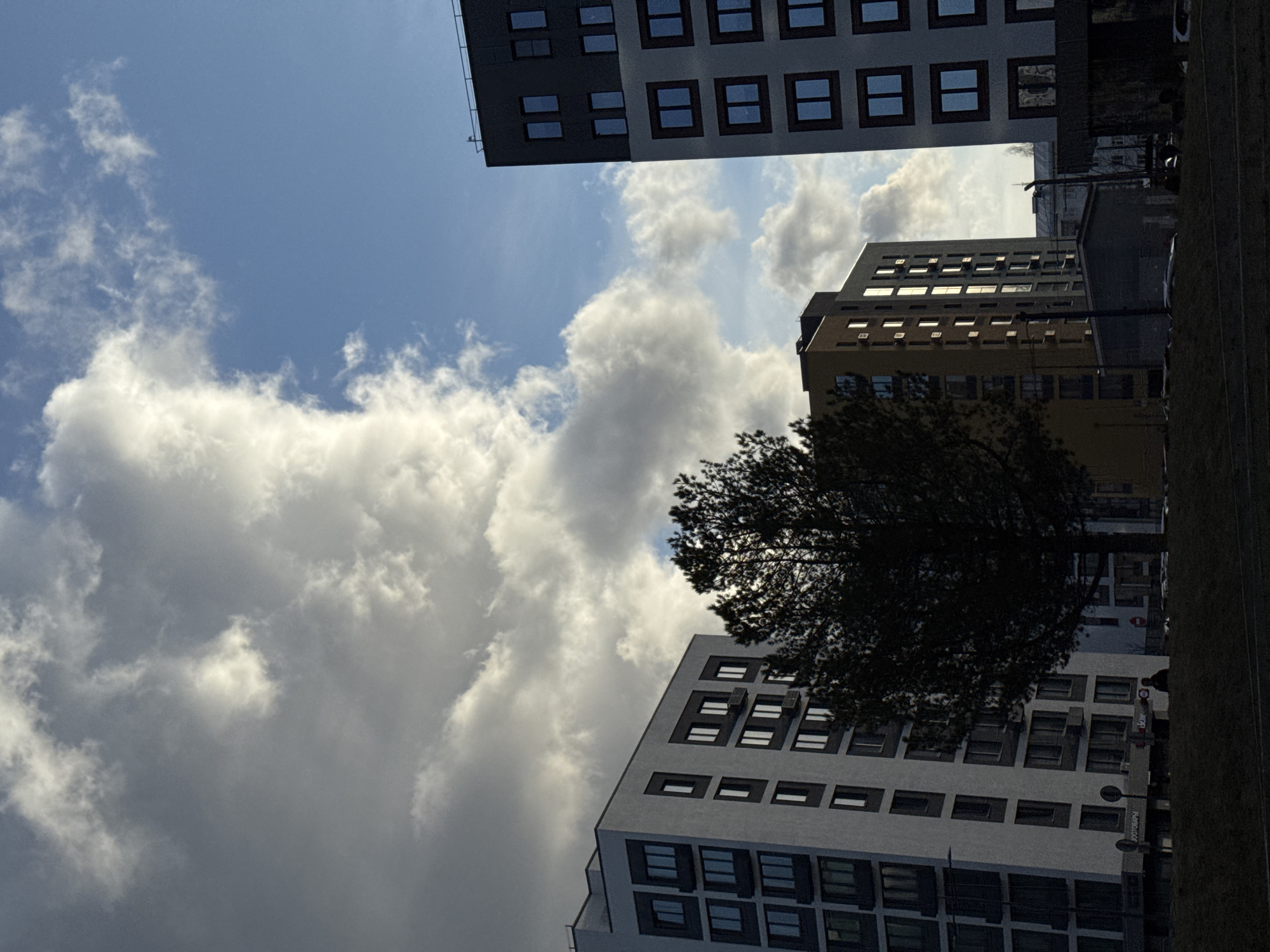 This photograph captures a low-angle, upward-looking perspective of modern multi-story buildings against a sky with varied cloud cover in Izhevsk, Russia.
Three distinct architectural structures are visible. On the left, a contemporary building displays a facade divided into dark gray and lighter gray sections, featuring numerous regularly spaced rectangular windows. Many of these windows reflect the sky and clouds, with some appearing paired.
In the mid-ground, a building with a warmer, yellowish-brown facade stands, characterized by multiple smaller windows and several external air conditioning units.
On the right, another modern building, similar in style to the one on the left with a white and gray exterior, is partially visible. Its upper floors and window patterns are discernible.
A large, dark-silhouetted tree, likely coniferous, occupies the center-right of the frame, its dense foliage partially obscuring parts of the middle and right buildings.
The sky is a prominent element, showcasing patches of bright blue interspersed with expansive, fluffy white cumulus clouds, alongside some darker, more uniform cloud formations. The presence of bright sky and reflections on windows indicates it is daytime. The very bottom right edge of the image shows a dark strip resembling a street or ground surface, with a dark pole or street light.
No specific activity is taking place, and no clearly legible text is visible on any of the subjects.