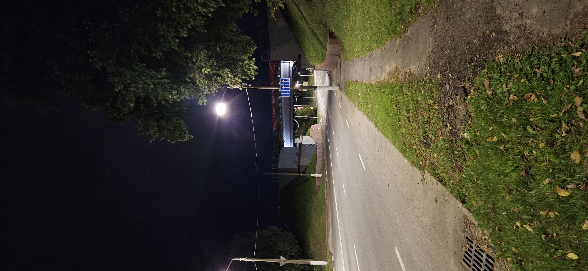 The image shows a street scene at night in Vitsebsk, Belarus. A paved road with white lane markings runs through the center of the frame, bordered by a grassy embankment and a sidewalk. A street light illuminates the scene, casting a glow on the road and surrounding vegetation. In the background, a concrete overpass is visible, with a banner hanging from it that appears to have Cyrillic text. Traffic signs with arrows are also present under the overpass. There are no people or vehicles visible in the image. The overall impression is one of a quiet, urban environment at night.