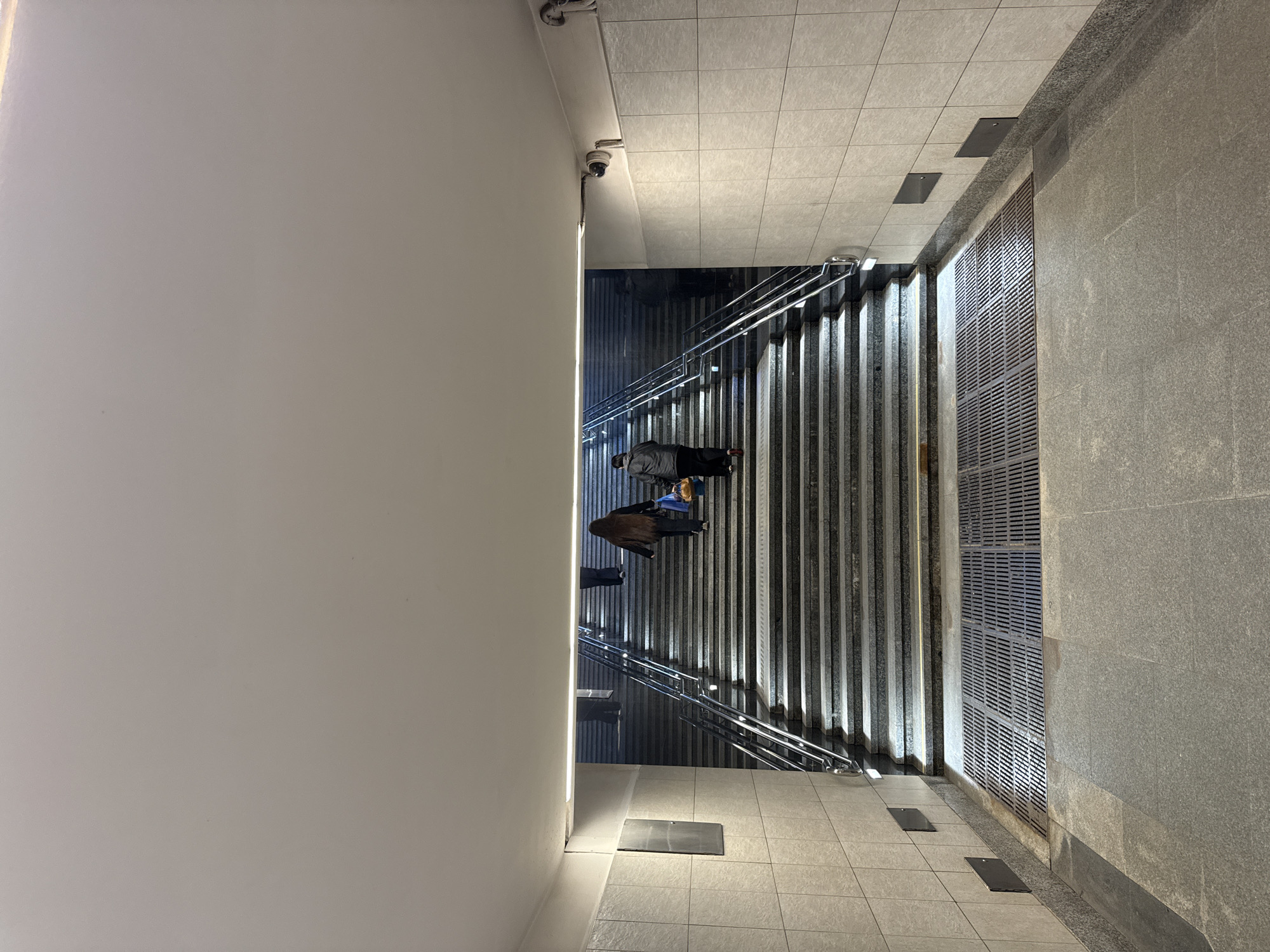 The image depicts an aerial view of a staircase in Moscow, Russia, leading down to a metro station. The environment consists of gray tiled floors and walls, with stairs constructed of dark stone. At the top of the frame is a security camera mounted near a ceiling.
A few individuals are on the staircase. One person is in a dark coat. A second person has longer brown hair with a blue bag.