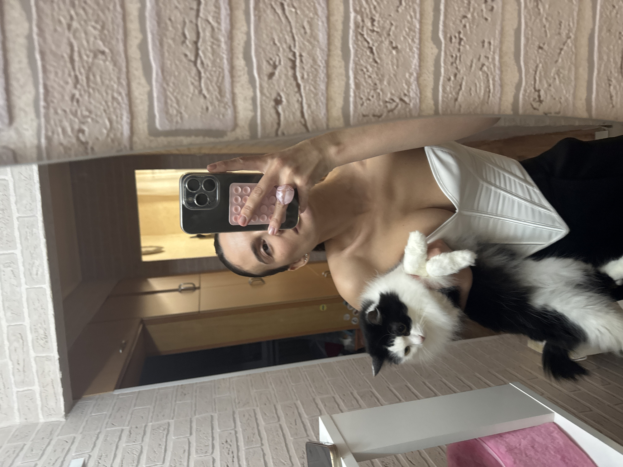 A selfie taken in a mirror. A fair-skinned woman with dark hair pulled back is holding a smartphone with a black case and a pink grip accessory. She is wearing a white corset-style top and what appears to be a black skirt or dress. She is holding a long-haired black and white cat. The background is a room with brick-patterned walls. A cabinet is visible in the mirror's reflection. The location is Chaikovsky, Russia.
