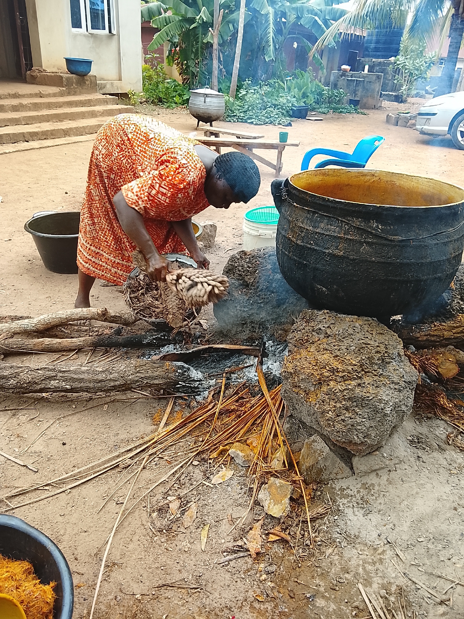 An outdoor scene depicts a woman engaged in traditional cooking or agricultural processing, likely related to palm products, in what appears to be a rural or semi-urban tropical setting.
The woman, dressed in a vibrant orange and white patterned gown, is bent over, actively tending to an activity near a large, black, soot-stained metal pot. The pot, with a golden-yellow interior, rests on three large rocks and logs over an open fire, indicating active heating. Smoke is faintly visible around the pot. The woman holds a textured, fibrous bundle, possibly palm fruit, in her hands, suggesting she is either preparing it for the pot or extracting material from it. Her hair is covered.
The setting is an unpaved outdoor area, likely a yard or communal space. In the background, there's a light-colored building with concrete steps leading up to it, and a blue basin placed on the steps. Lush green vegetation, including tall palm trees and banana plants, surrounds the area, indicative of a tropical environment. Further back, a white car is partially visible. Other objects scattered around include a black plastic basin, a white bucket with a green sieve, a wooden bench with a green cup, and a bright blue plastic lounge chair. Another smaller, lidded metal pot sits on a wooden stand in the background. In the lower-left corner, a black bowl contains bright orange, fibrous material, consistent with processed palm fruit pulp, alongside a yellow scoop. The ground is dry earth, covered with scattered dry leaves and plant debris, including long, dried fronds that appear to be used as fuel for the fire. The scene is illuminated by bright daylight, suggesting a clear, warm day. No discernible text is visible. The woman appears focused on her task.