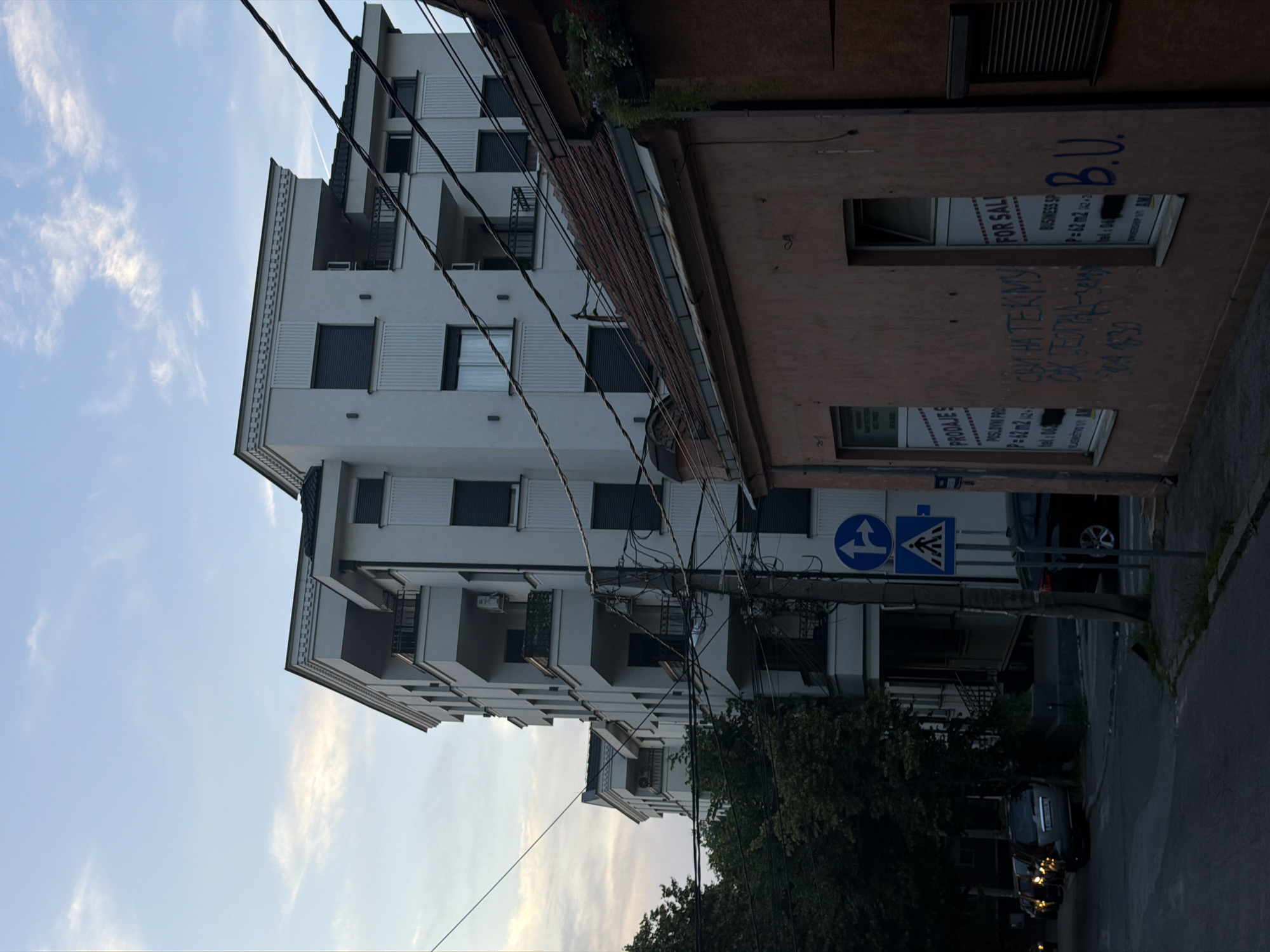 The image shows a street scene in Palilula Urban Municipality, Serbia, featuring a tall, modern apartment building on the left, and a smaller, older building on the right. The apartment building is white with dark windows and balconies. The older building is a muted brown color with graffiti and "FOR SALE" signs visible in the windows. A blue and white street sign is also visible. Power lines are strung across the scene. The lower portion of the image shows trees, parked cars, and a street. The sky above is pale blue with wispy clouds.