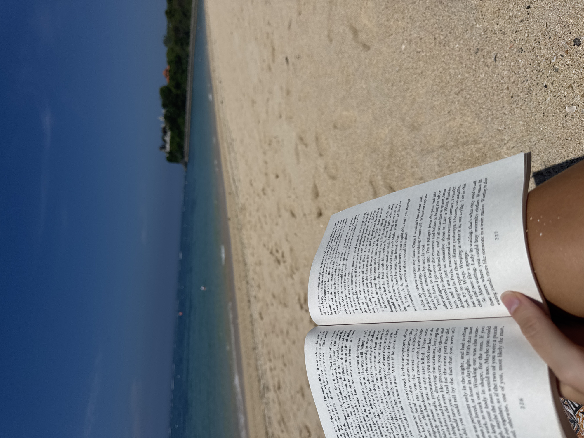 The image depicts a book held open in front of a beach scene. The book's pages are visible, filled with text. The beach extends into the distance, with sand visible. Beyond the beach, there is water, and in the distance, greenery or trees can be seen. The sky is clear and blue. A person's hand is visible holding the book. The scene appears to be outdoors, likely near or on a beach.