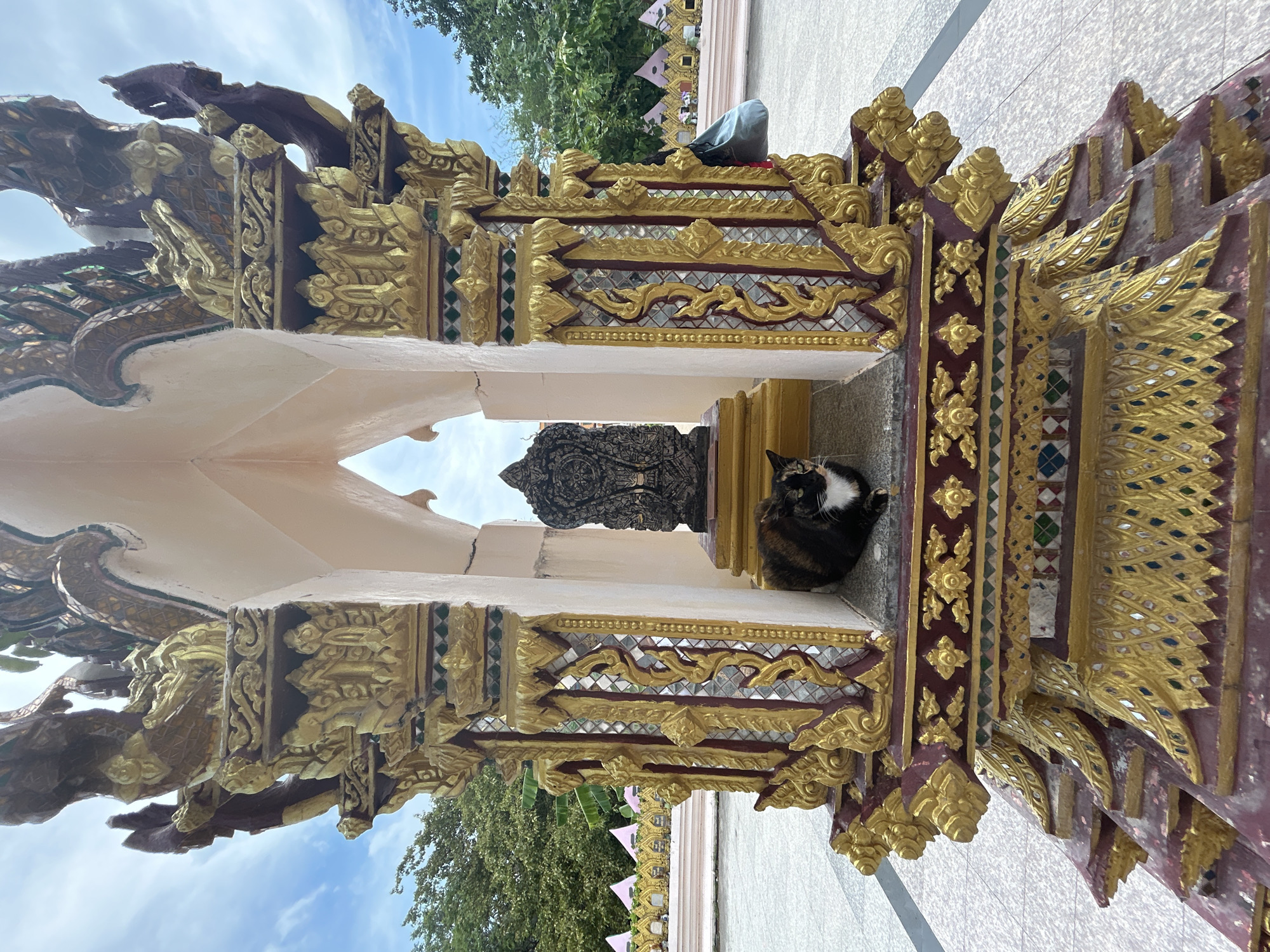 In Ko Samui District, Thailand, a calico cat rests inside an ornate, gilded architectural structure. The structure is elaborately decorated with gold leaf, deep red accents, and mirrored mosaic tiles, featuring intricate carvings that suggest a Buddhist temple or shrine. Behind the cat, a dark, weathered statue stands within the structure's recess. The cat is lying down and looking forward, seemingly undisturbed by its surroundings. The area around the structure appears to be an open, paved courtyard, with trees and a cloudy sky visible in the background. Further in the distance, a series of smaller, decorated structures with pink triangular banners line the perimeter of the courtyard. A blue bag is casually slung over the side of the ornate structure on the right. The overall scene depicts a moment of tranquility within a culturally rich environment.