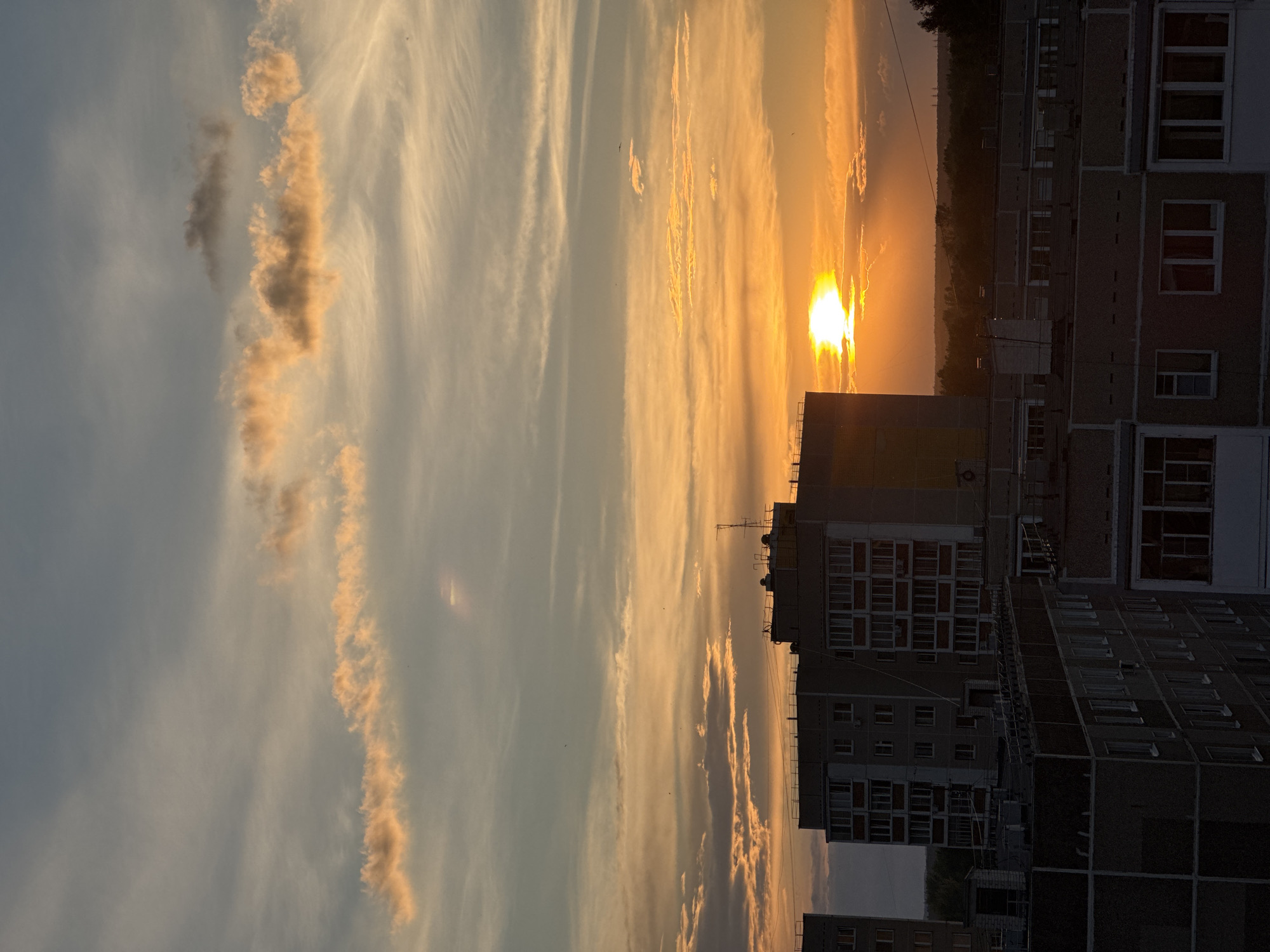 The image displays a twilight sky filled with dramatic clouds painted in hues of orange and yellow by the setting sun. The sun itself is a brilliant orb, partially obscured by wispy, elongated clouds that streak across the sky. Below the sky, a silhouette of a treeline separates the sky from a residential area composed of apartment buildings. The buildings are blocky and functional in design, with numerous windows visible. Some buildings are darker, appearing in shadow, while others are partially illuminated by the fading sunlight. One building in the foreground on the right has lighter colored panels around its windows. The scene evokes a sense of calm and the end of the day. The time of day is clearly sunset or twilight, given the colors in the sky. The setting appears to be a densely populated urban or suburban area, common in many Russian cities. There is no visible text in the image.