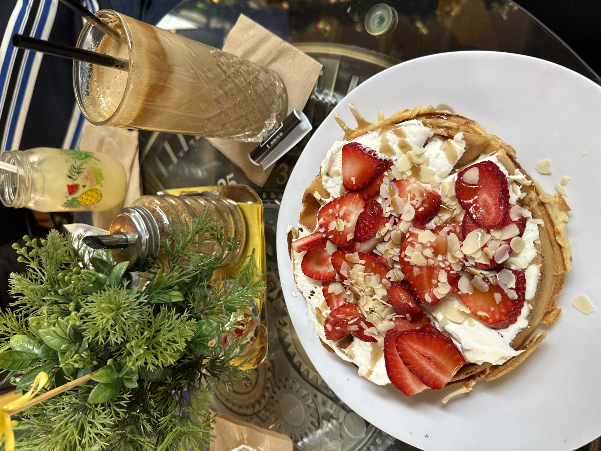 Captured from an overhead perspective, the image showcases a tableau of culinary delights and beverages presented on a glass-topped table adorned with gear-like designs, seemingly within a cafe or restaurant setting. The composition includes a plate of waffle topped with whipped cream, sliced strawberries, and slivered almonds. Adjacent to the plate are two beverages: one a tall glass of iced coffee with black straws, and the other a mason jar with a pineapple and watermelon design containing a yellow-colored liquid. The scene is further enriched by a glass jar filled with what appears to be seeds, equipped with a pour spout, alongside a small decorative green plant. A brown napkin and a white marker tube also rest on the table. The location is identified as the city of Lovech, Bulgaria, implying a cafe or restaurant in this locale.