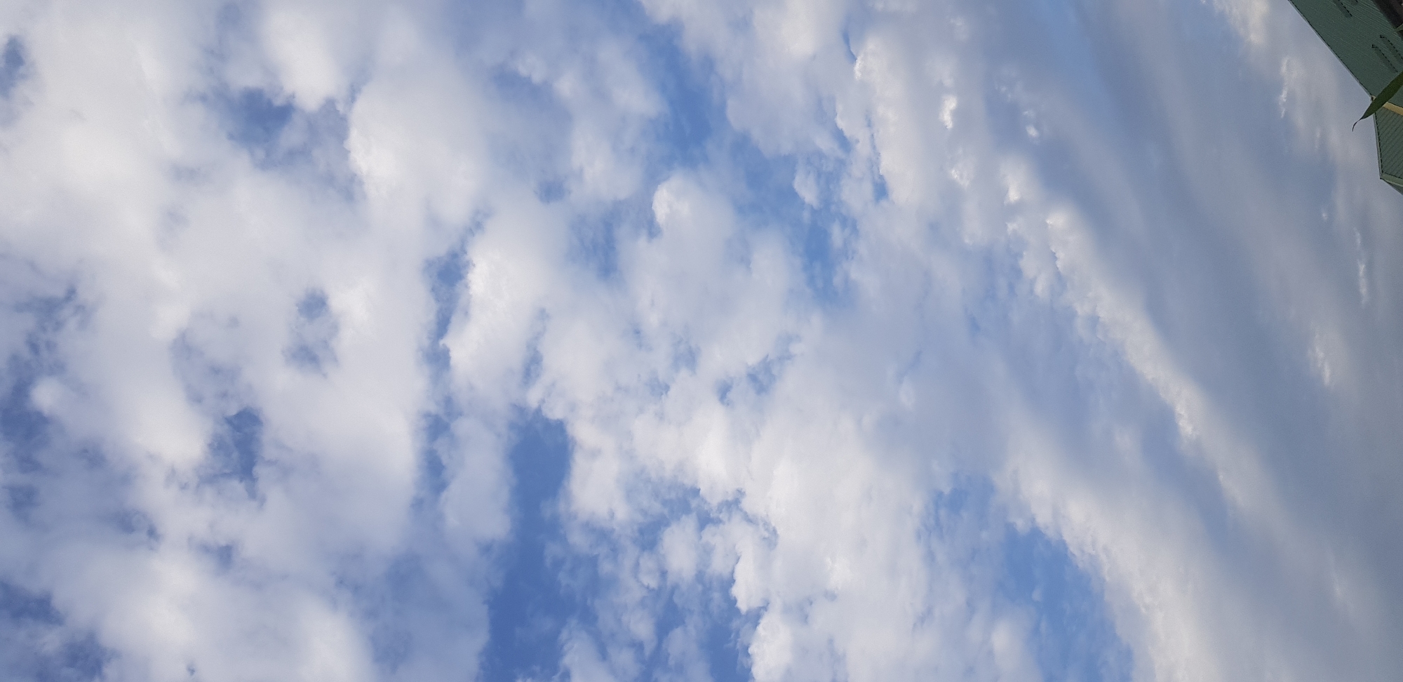 The image shows a sky filled with white and gray clouds against a blue sky. The clouds are varied in shape and density, with some appearing fluffy and white, while others are darker and more diffused, suggesting they may be thicker or further away. In the bottom right corner of the image, a portion of a green roof of a building is visible, along with some greenery, possibly leaves of a plant. The scene is likely outdoors, during the daytime, given the presence of sunlight illuminating the clouds. No people or specific city landmarks are identifiable in this image.