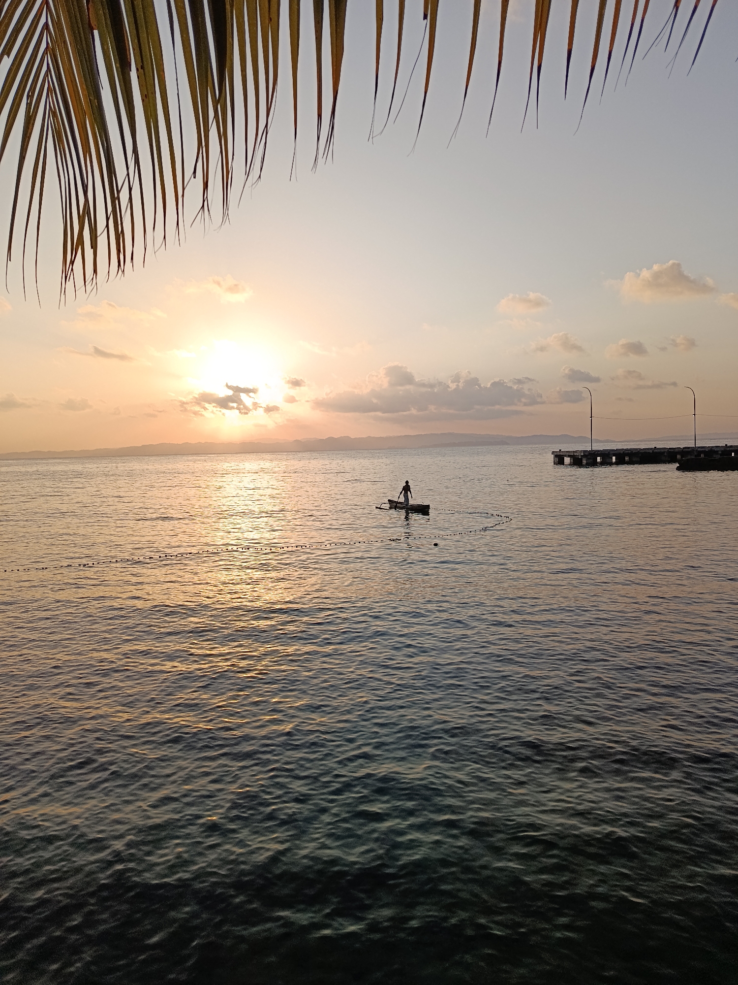 The image depicts a serene sunset scene over the waters of Mansalean, Indonesia. The sun is low on the horizon, casting a warm, golden glow across the sky and the gently rippling water. In the foreground, the fronds of a palm tree hang from the top of the frame, framing the view.
In the middle distance, a lone figure stands in a small boat, appearing to be engaged in fishing or some other activity on the water. A fishing net or line is visible, trailing behind the boat. Further in the distance, a concrete pier with lampposts extends into the sea, suggesting a developed coastal area. The silhouette of distant hills or mountains can be seen on the horizon line. The sky is a mix of soft pinks, oranges, and pale blues, with a few scattered clouds. The overall impression is one of tranquility and natural beauty.