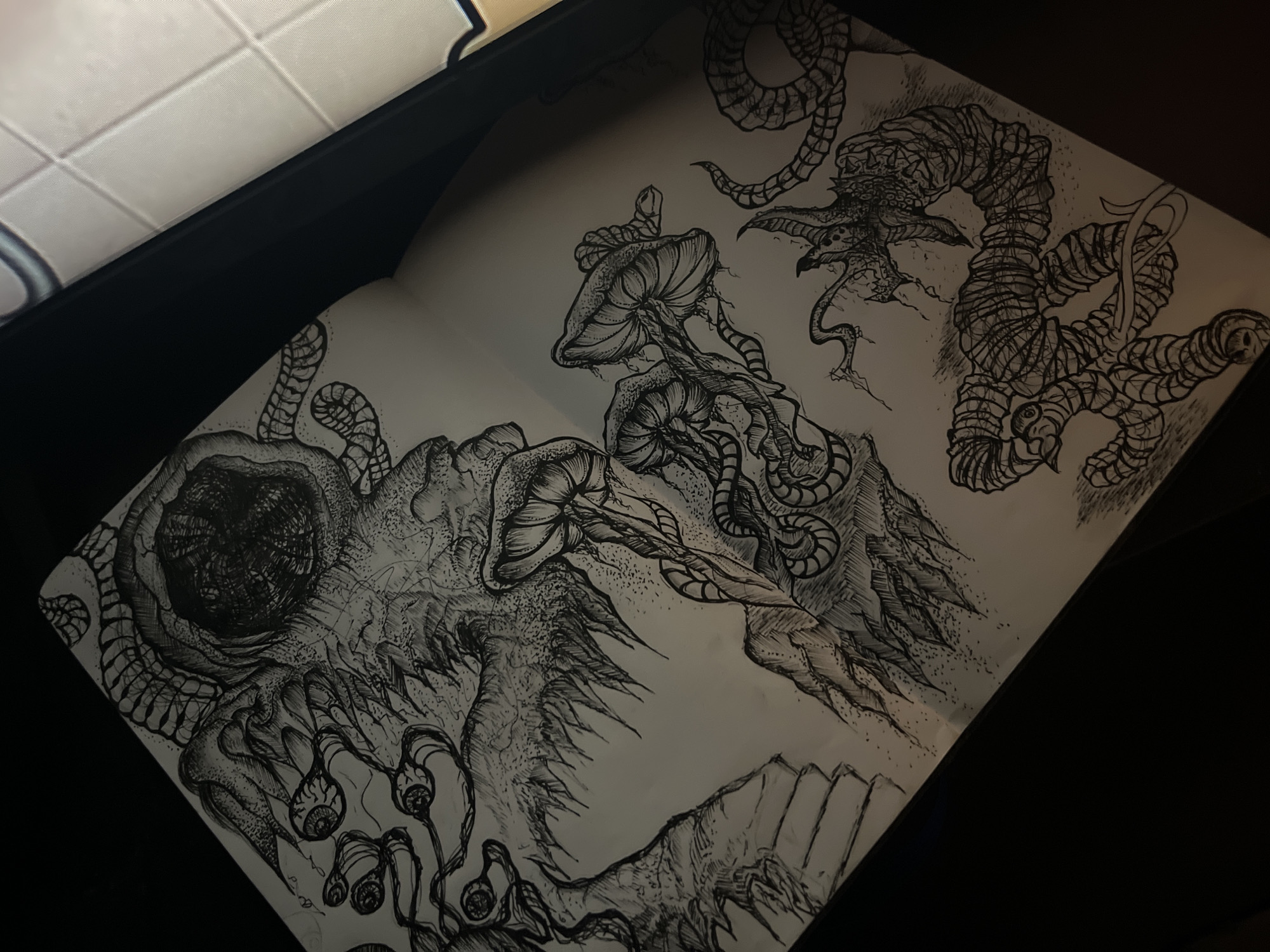 The image displays an open sketchbook featuring intricate, detailed pen-and-ink illustrations characterized by a dark, fantastical, and surreal aesthetic.
On the left page, a large, organic form dominates, resembling a grotesque, monstrous head or skull with a deeply shadowed, empty eye socket. Numerous textured tendrils or tentacles protrude from its mass, and several stalked eyeballs emerge from its lower portion. The surface of this creature is rendered with fine lines and stippling, creating a rough, almost decaying texture.
The right page and central area of the spread feature an array of interconnected organic entities. Prominent are mushroom-like forms with distinct ribbed undersides and caps, intertwined with serpentine, worm-like, or tentacled appendages. These appendages are heavily textured with segmented patterns. Further elements include segmented, coiled structures resembling large worms or intestines, some appearing to have rudimentary mouths or eyes, alongside amorphous creatures with rough, multifaceted limbs.
The artwork is executed entirely in black ink using fine lines, extensive cross-hatching, stippling, and shading, showcasing a high degree of detail and a consistent artistic style. The photograph is taken in dim, artificial lighting, creating reflections on the paper and casting shadows across the black surface of the sketchbook cover or surrounding area. A light-colored tiled surface, possibly a wall or ceiling, is partially visible in the upper background. There is no visible text within the drawings or on the sketchbook pages. The overall impression evokes themes of biological horror and macabre fantasy. The geographical context of Sofia, Bulgaria, pertains to the photograph's location, not the content of the artwork itself.