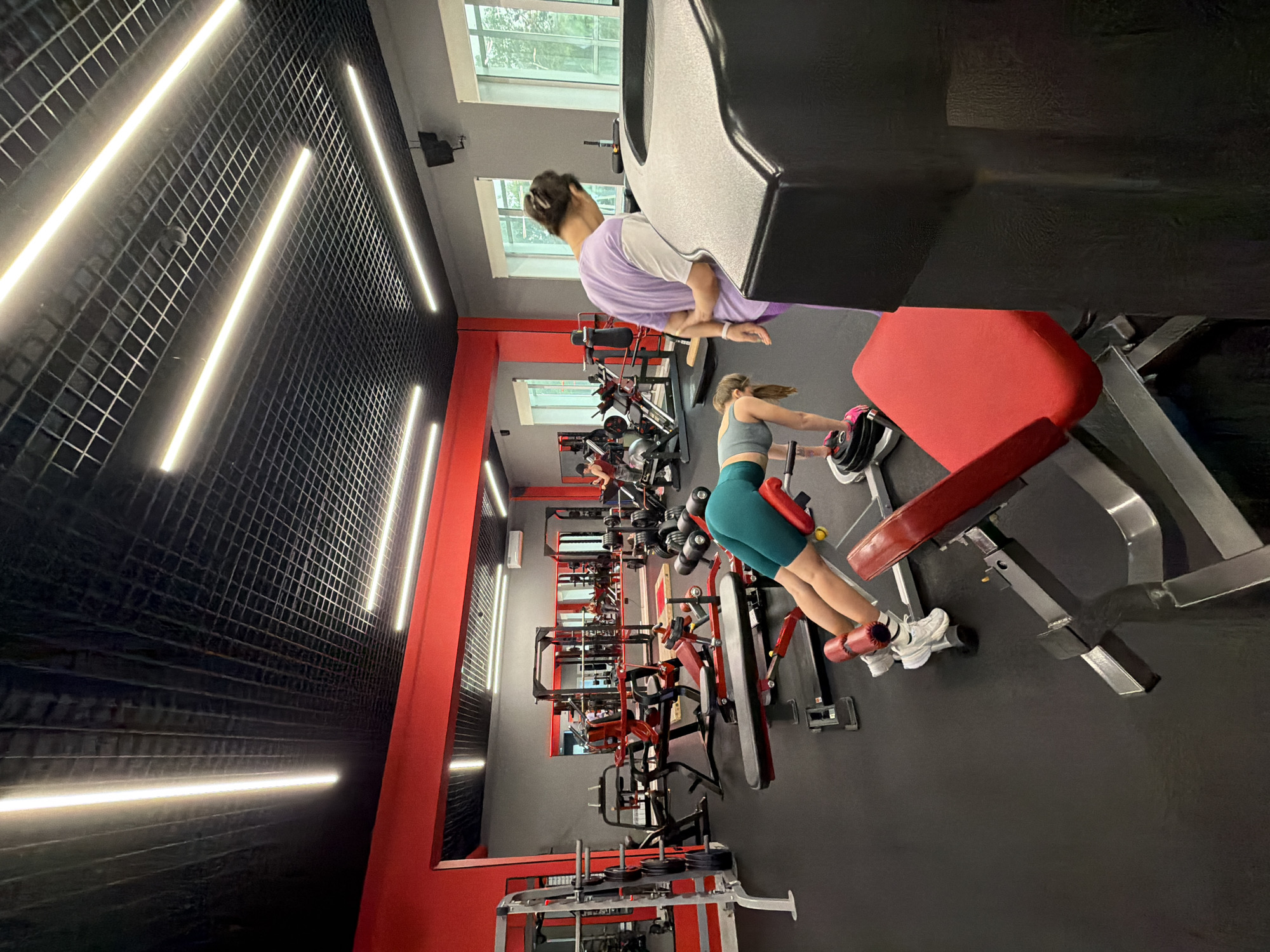 The image depicts the interior of a modern gym located in Birobidzhan, Russia. The gym features a black, tiled ceiling with long, bright LED light strips. Red accents are visible on the walls and some of the equipment. The floor is covered with black rubber matting.
In the foreground, a woman with blonde hair is performing a hyperextension exercise on a red bench. She is wearing a grey sports bra and teal leggings, with white athletic shoes. Her body is positioned horizontally, with her feet secured by red padding and her hands supporting her head. A stack of black weight plates is visible beneath her feet.
To the right and slightly behind her, another person, likely a woman, is standing and facing away from the camera. She has dark hair pulled back and is wearing a light purple and white t-shirt with purple leggings. Her arms are clasped behind her back. She appears to be observing the other woman or the gym environment.
The background of the gym is filled with various weightlifting machines and equipment, including weight racks, benches, and other exercise apparatus. Mirrors are mounted on the walls, reflecting more of the gym space and equipment. Through large windows in the background, trees and greenery are visible, indicating an outdoor view. The overall impression is of a well-equipped and active fitness facility.