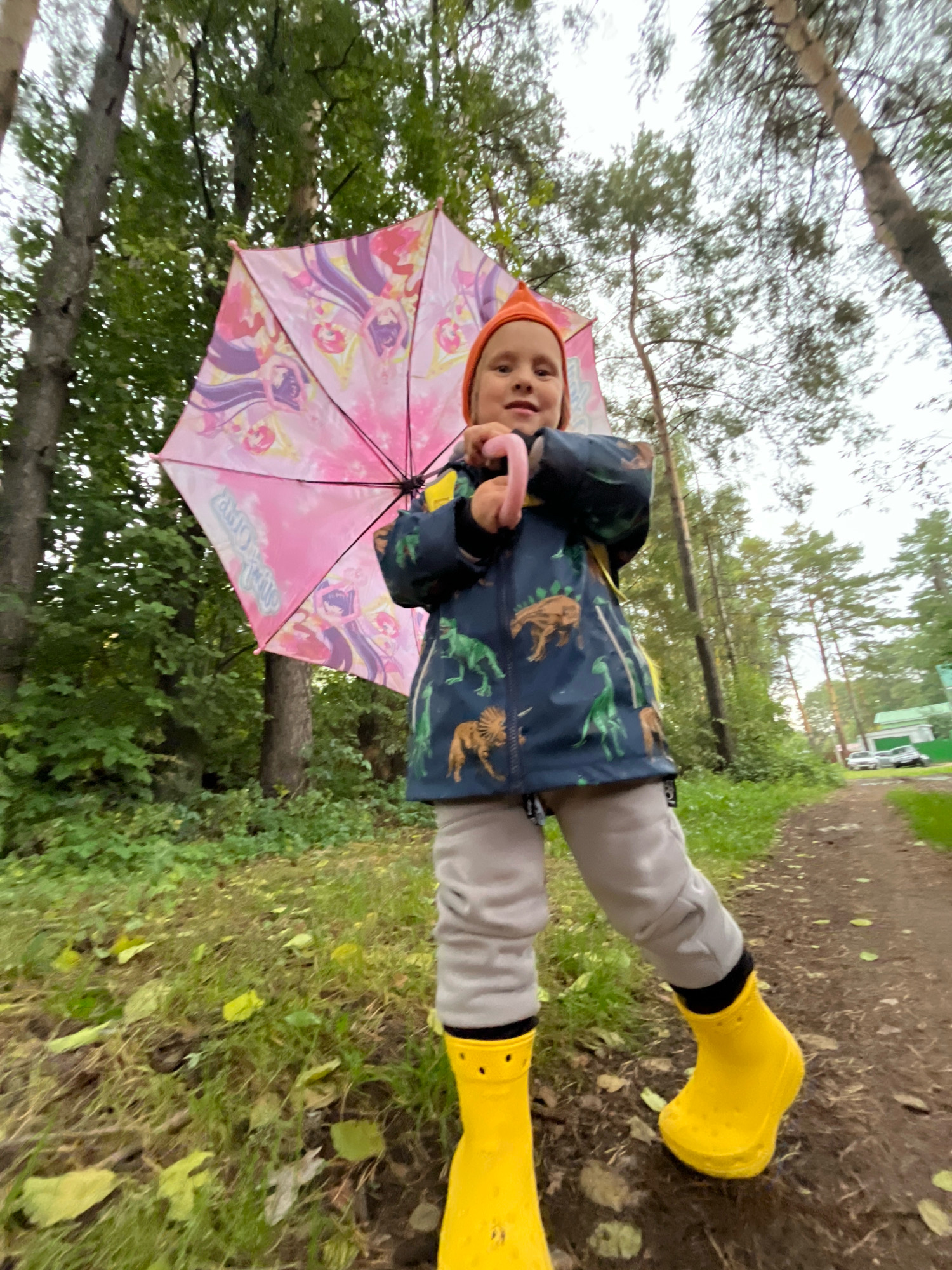 A low-angle, wide shot shows a young child, wearing an orange beanie, a dark blue jacket with a dinosaur pattern, light grey pants, and bright yellow rubber boots, standing in a forest path. The child is holding a partially opened pink umbrella with animated characters. The path is dirt and covered with fallen leaves, and the surrounding area is filled with green grass and trees. In the background, a green fence and some parked cars are visible, suggesting proximity to a populated area or a park. The sky is overcast. The image was taken in the city of Chaikovsky, Russia.