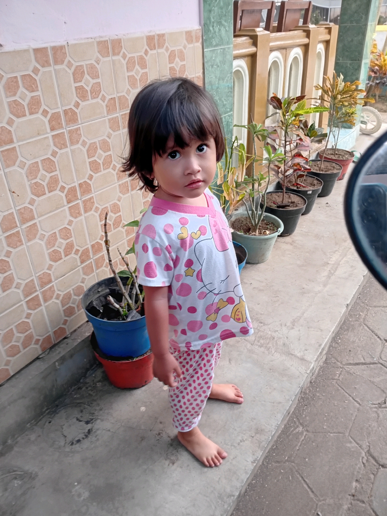 A young child stands on a concrete ledge outdoors, near a tiled wall and potted plants. The child, wearing a white t-shirt with pink polka dots and a cartoon character, and pink polka dot pants, looks towards the camera. Behind the child, several potted plants are lined up on the ledge. A tiled wall with an intricate geometric pattern is to the left of the child. The environment suggests a residential area, possibly in Gebang, Indonesia, given the architectural style of the wall and the presence of potted plants. The lighting indicates it is daytime.