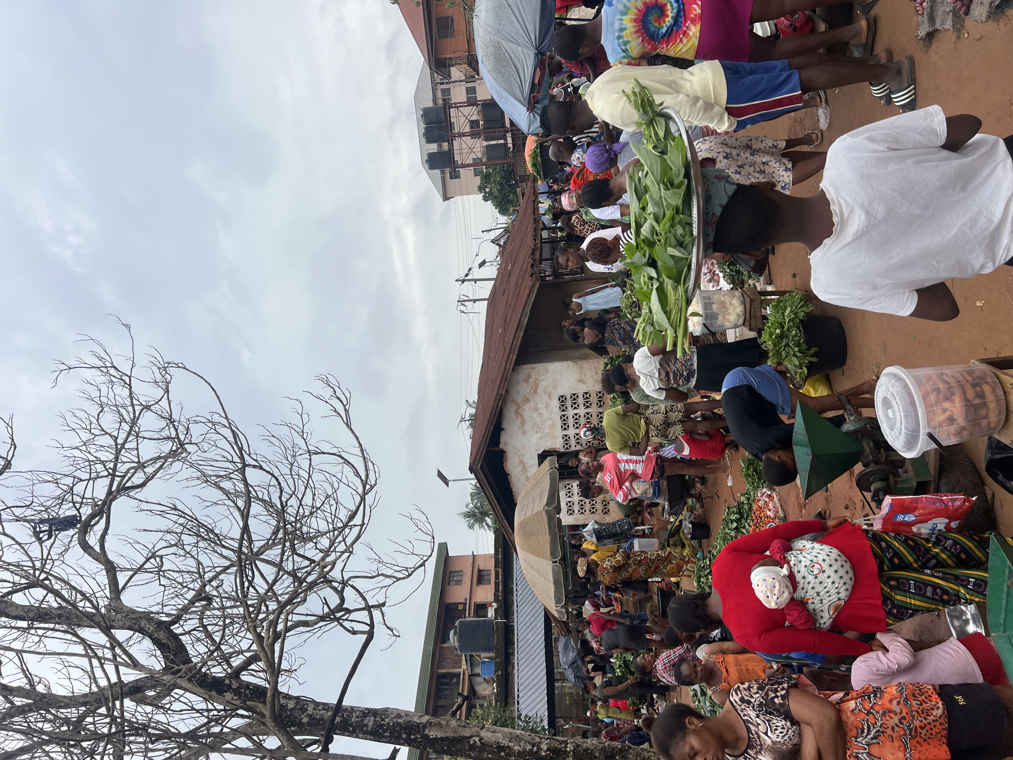 This is a medium shot of a crowded outdoor market scene in Nkpor, Nigeria. The sky is overcast, suggesting a cloudy day. In the foreground, a person wearing a white t-shirt is seen from behind, carrying a large tray of leafy green vegetables on their head. To their right, a person in a tie-dye shirt and pink skirt stands. In the middle ground, a woman in a red top carries a baby in a sling on her back. She is also holding shopping bags. Other market-goers are visible, some are examining produce, others are engaged in transactions. Various stalls with umbrellas are set up, displaying fruits, vegetables, and other goods. Buildings, some multi-story, are visible in the background, along with electrical poles and wires. The ground appears to be dirt or unpaved.