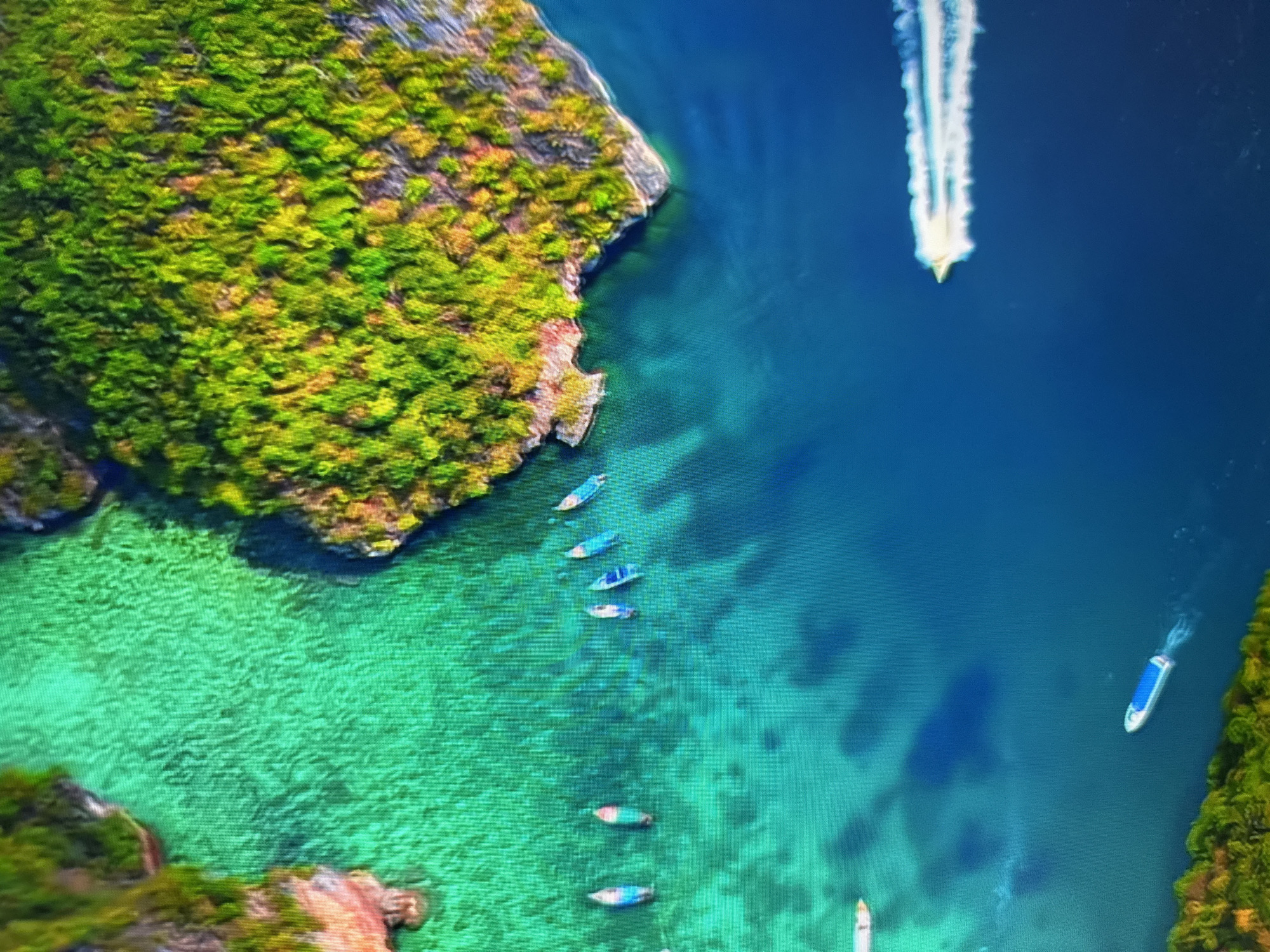 This aerial image shows a tropical coastline with lush green vegetation covering rocky cliffs that jut out into the clear, turquoise water. The scene is bathed in bright daylight, suggesting fair weather. Several boats are visible. In the upper right portion of the image, a white speedboat with a prominent wake is cutting through the deeper blue water. Further down the coastline, a line of smaller, light-colored boats, likely longtail boats or similar, are moored or anchored in a shallower, greener bay. One larger white and blue boat is further out in the blue water on the right side of the image. The water is so clear in some areas that the sandy or rocky seabed is visible beneath the surface. The overall impression is one of a serene and picturesque tropical paradise. There is no visible text in the image.