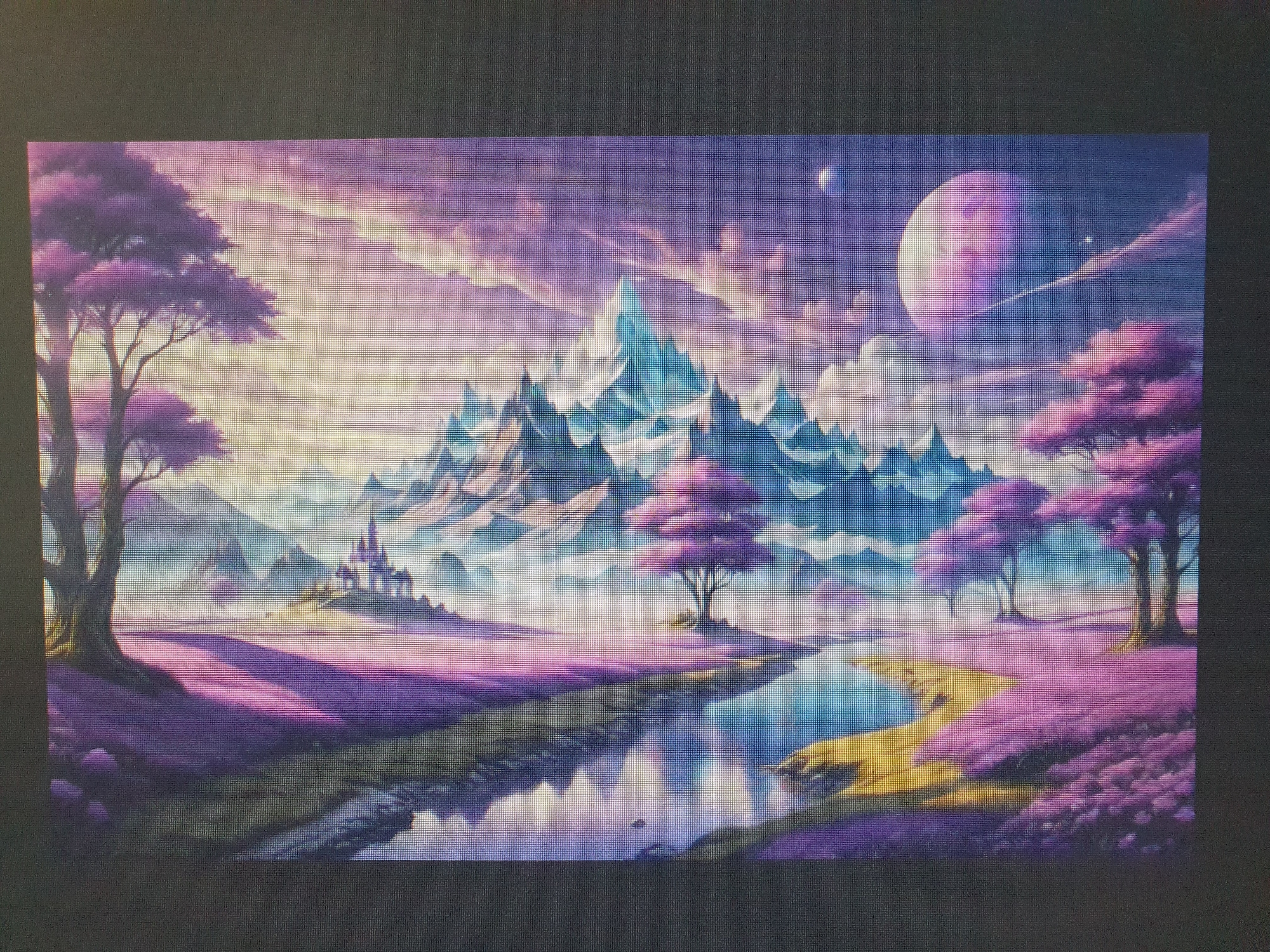 The image displays a vibrant, surreal landscape bathed in purple and pink hues. Towering, snow-capped mountains dominate the background, with a large, pinkish planet and a smaller moon visible in the twilight sky. In the foreground, a winding river reflects the ethereal light, bordered by rolling hills covered in a carpet of purple flowers and scattered with trees bearing purple foliage. A small castle with turrets sits on a hill to the left. The scene is rendered in a pixelated style, suggesting it is a digital illustration or a heavily processed photograph. There are no people or specific identifiable landmarks of Tashkent, Uzbekistan, present in this fantasy-like panorama.