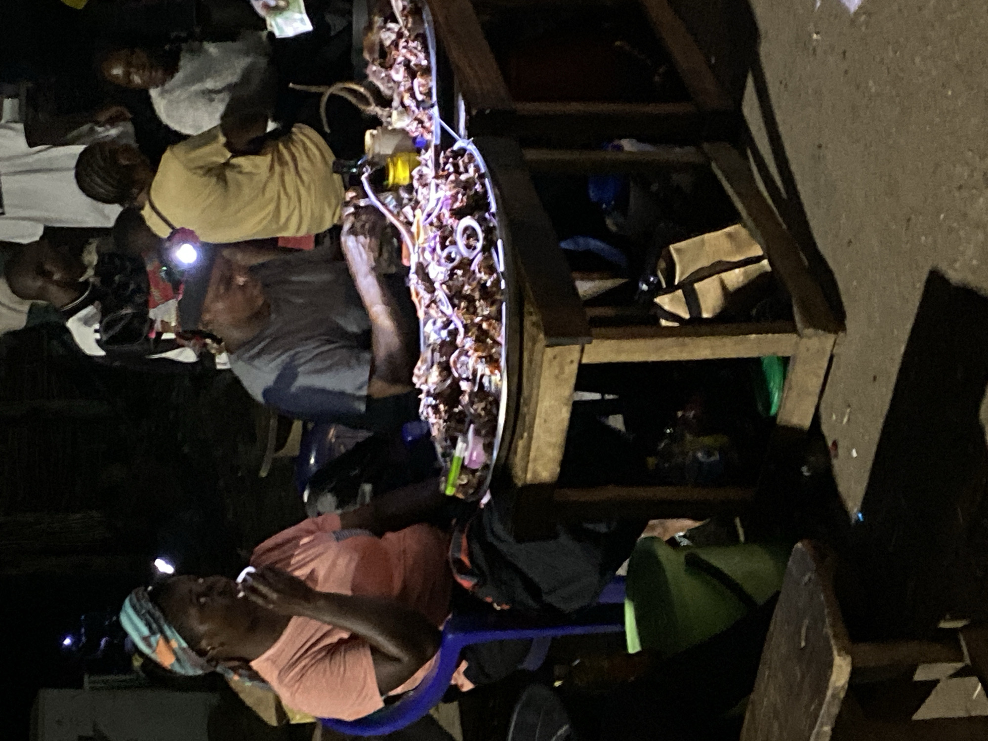 In the nighttime scene in Bukuru, Nigeria, a group of people gather around a food stall lit by a flashlight held by a man in a grey shirt. The stall displays food items that appear to be cooked meat or offal on a tray. A woman in a pink shirt and headscarf sits nearby, possibly eating. There is a wooden structure which holds the food. A variety of people are looking at the food, which is served on the tray. A green bucket is beside the chair.
