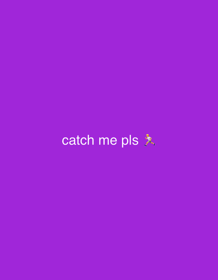 The image displays the text "catch me pls" in white, centered vertically and horizontally on a solid purple background. To the right of the text is a small, yellow emoji of a person running. There are no discernible elements of the city of Astana, Kazakhstan, present in the image.