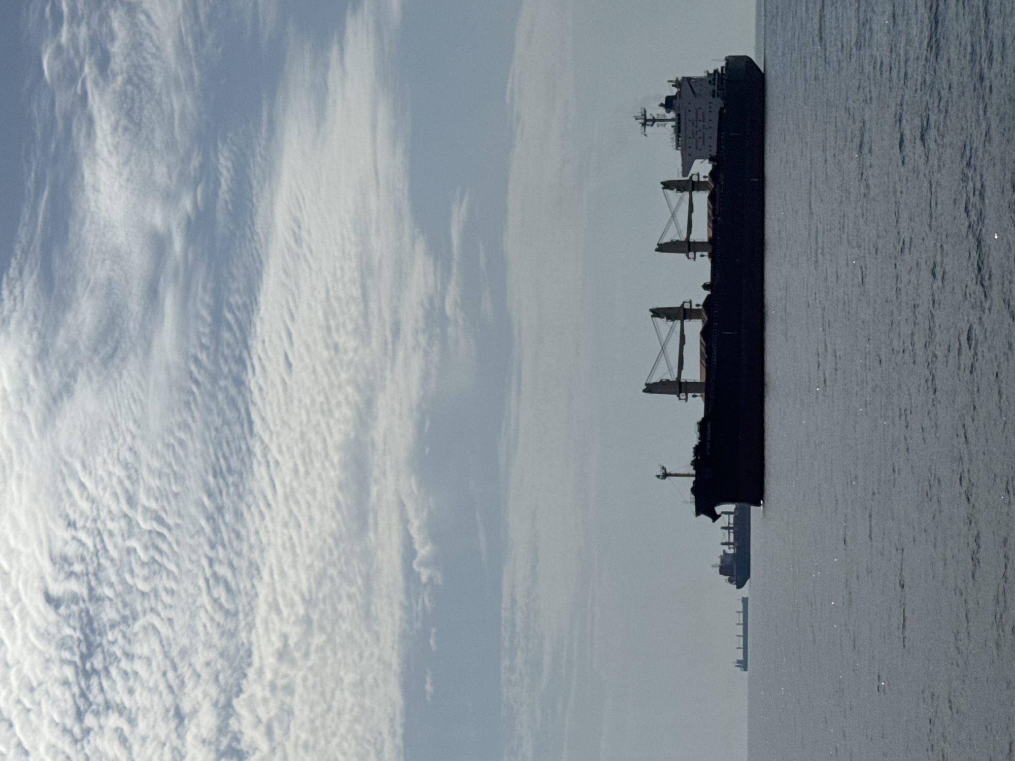 The image depicts a tranquil seascape with three cargo ships sailing on a calm, gray ocean under a pale blue sky filled with textured, white clouds. The largest ship, in the foreground and silhouetted against the lighter sky, is a bulk carrier with a dark hull and prominent cranes. To its left and further in the distance, two smaller cargo ships are visible, also appearing as dark silhouettes against the horizon. The water is a deep, muted gray, with subtle ripples indicating a lack of strong wind. The scene is devoid of human presence, focusing entirely on the maritime vessels and the expansive sky. The location is identified as Marina di Ravenna, Italy, a port city known for its maritime activity.