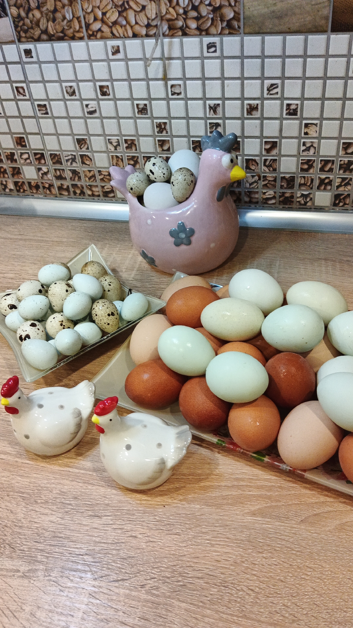 This media file features a still life arrangement of eggs and decorative chicken figurines. In the background, a pink ceramic chicken-shaped dish holds several quail eggs and two white chicken eggs, set against a backsplash with a mosaic tile pattern resembling coffee beans and brown squares.
In the foreground, two small white ceramic chicken figurines with red combs and yellow beaks are positioned on a wooden surface. To the left of the figurines, a square glass dish contains a collection of quail eggs, some speckled and brown, others white. To the right of the figurines and spanning a larger rectangular glass dish is a substantial pile of chicken eggs. These eggs display a variety of colors, including shades of white, light blue, light brown, and darker reddish-brown. The overall arrangement suggests a rustic or domestic setting, possibly a kitchen counter in Kryvyi Rih, Ukraine, given the location context. There are no people visible, and no specific time of day or weather conditions can be determined. The scene is well-lit, with the focus on the eggs and decorative items. There is no visible text in the image.