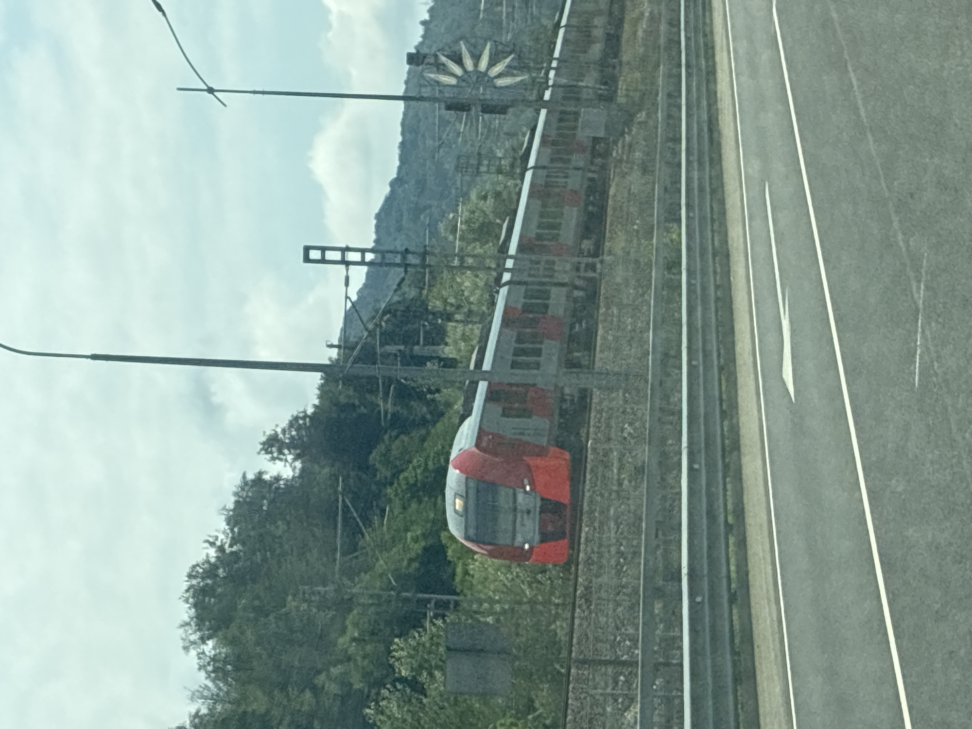 The image depicts a modern, red and silver passenger train traveling on a railway line. The train is the central subject, with its distinctive rounded front in a vibrant red. It appears to be moving from left to right across the frame. The railway tracks are visible, bordered by a metal guardrail and a grassy embankment. In the background, a dense line of lush green trees forms a natural backdrop, rising up a hillside. The sky is overcast with diffused light, indicating a cloudy day. There are several utility poles and overhead wires associated with the railway infrastructure. A unique, sunburst-shaped signal is visible on a pole to the right of the train. The foreground shows a portion of an asphalt road with white lane markings, suggesting the viewpoint is from a nearby highway. The scene is set in the city of Monastyr', Russia.