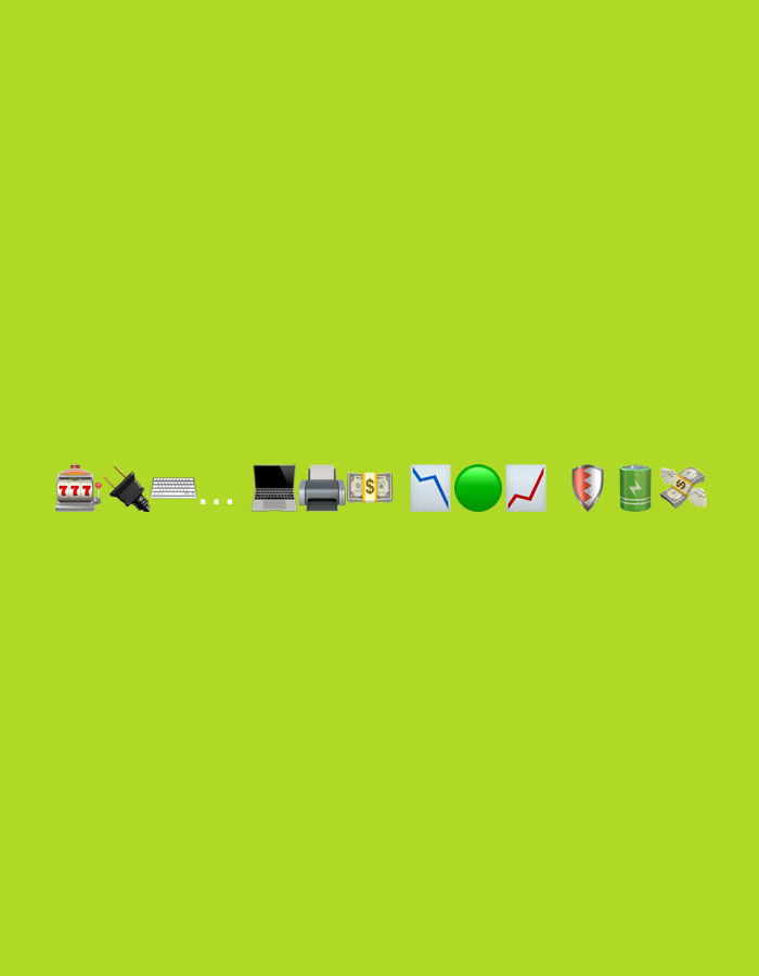 The image displays a horizontal line of emojis against a plain lime green background. From left to right, the emojis include a slot machine, a plug, a keyboard, ellipses, a laptop, a printer, dollar bills, a downward trending graph, a green circle, an upward trending graph, a shield, a battery, and more dollar bills. The image is a digital graphic with no discernible connection to Odesa, Ukraine, or any specific location. There are no people, actions, or interactions depicted.