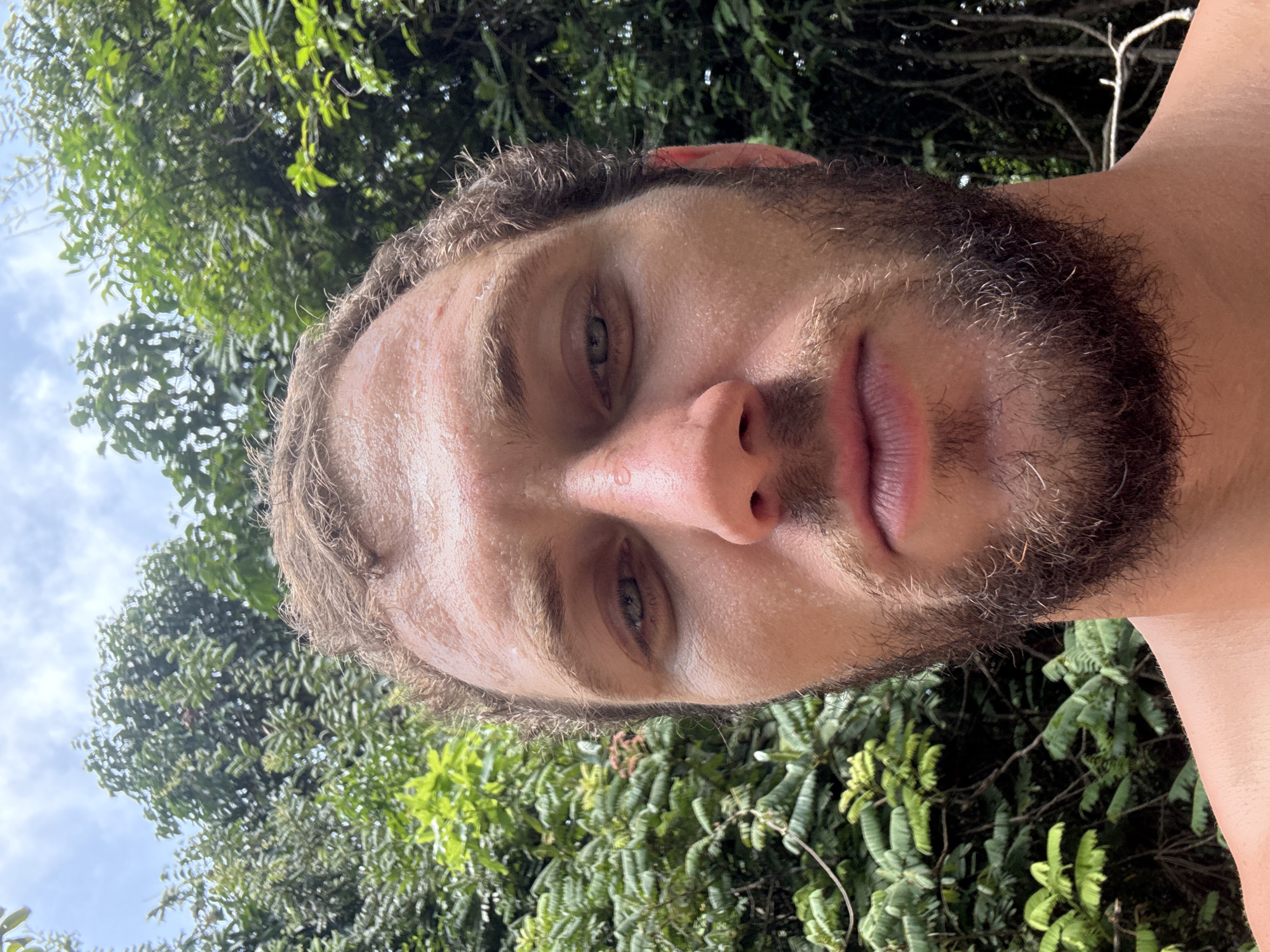 A close-up, slightly angled selfie of a light-skinned male with short brown hair, a beard, and green eyes, presumably in ตำบลเกาะพะงัน, Thailand, as suggested by the tropical foliage in the background. The man's face is slightly sweaty. Green foliage is visible behind and to the sides of the man.