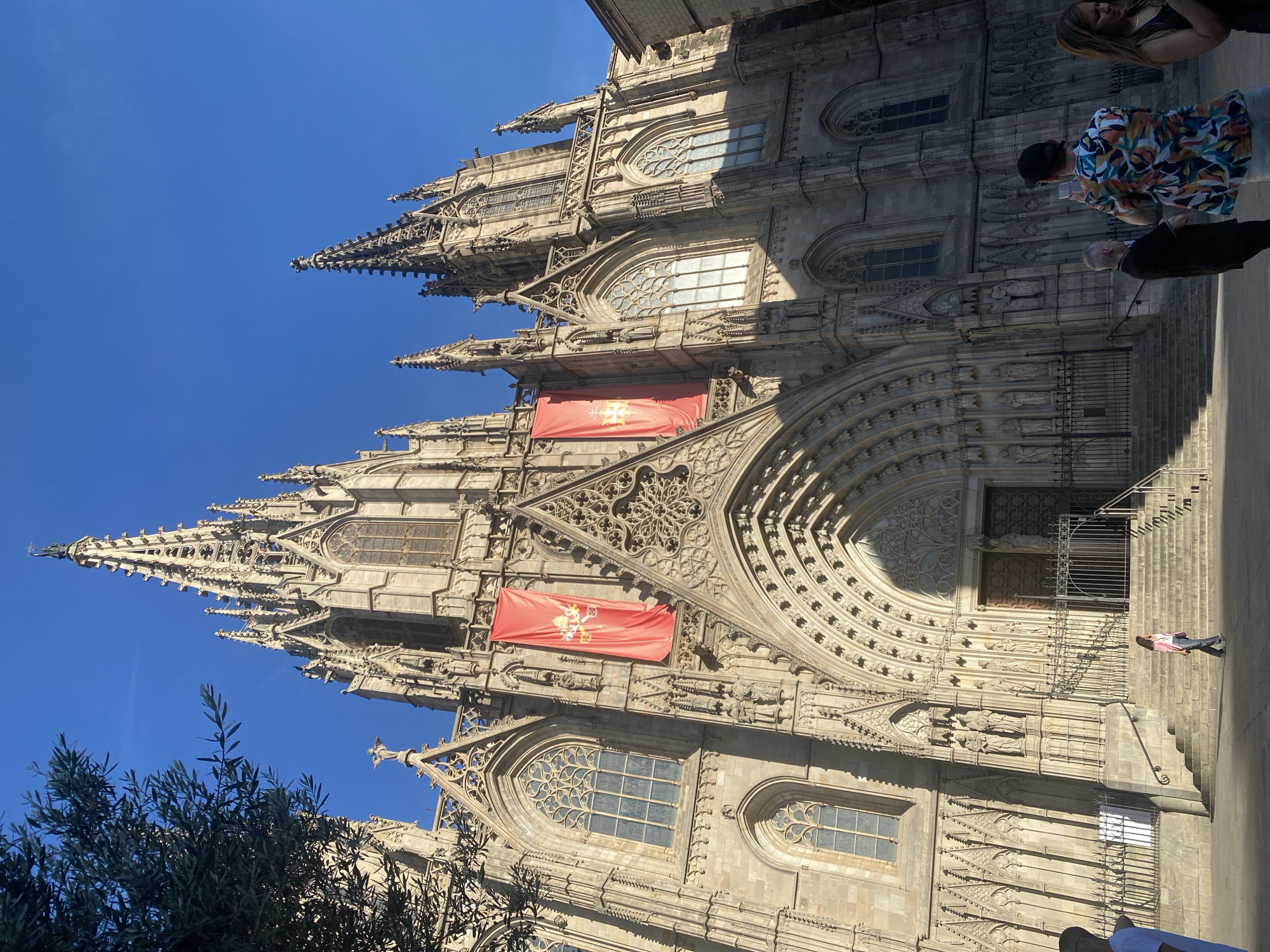 This is a low-angle, full shot of the Barcelona Cathedral in Barcelona, Spain, on a clear, sunny day. The cathedral is made of stone and has intricate gothic architecture, including spires, pointed arches, and detailed carvings. Two large red banners with gold emblems hang from the facade. A few people are visible in the foreground, including a woman in a pink shirt and jeans walking up a wide set of stone steps to the cathedral entrance, a man in a black jacket, and a person in a colorful shirt taking a picture. A tree with green leaves partially obscures the left side of the building. The sky is a vibrant blue.
