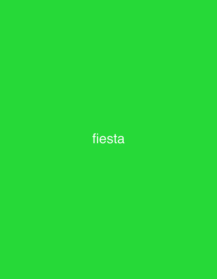 The image displays a solid, vibrant green background, occupying the entire frame. Centered on this green field is the word "fiesta" rendered in a clean, sans-serif font, in white or a very light gray color. There are no visible people, objects, or specific scenes depicted; the image is entirely graphic. No activity or event is taking place within the visual content. Notable details are limited to the color and the text. There are no cues regarding the time of day, weather, or specific location within Santa Ana, Venezuela, other than the provided contextual information that the image is associated with this place. The overall aesthetic is minimalist, focusing solely on the word "fiesta" against a bold green backdrop.