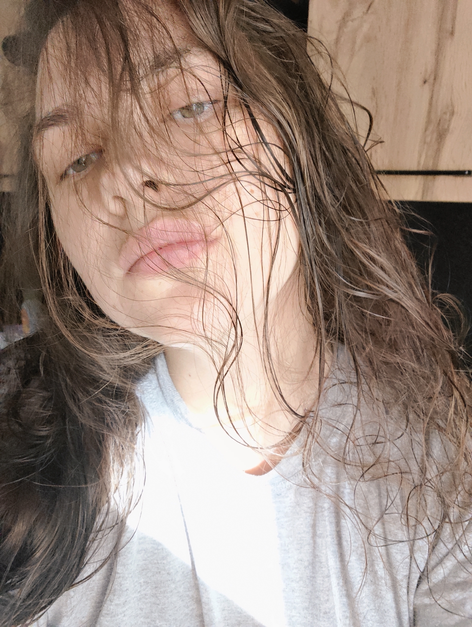 A close-up, high-angle portrait captures a young woman, identified as being from Chaikovsky, Russia. Her long, dark brown hair, appearing wet or disheveled, is a prominent feature, with numerous strands falling over her face and partially obscuring her features. Her light-colored eyes, possibly hazel or green, are visible beneath the hair, looking slightly upwards. Her lips are slightly parted in a soft, natural pout.
The woman is wearing a plain light grey t-shirt. The lighting is bright, originating from the lower left of the frame, casting a strong glow across her face, neck, and the left side of her shirt, and creating highlights on her wet hair. The background features a light-toned wooden surface on the right and top, possibly furniture or wall paneling, and a darker, indistinct area on the left.
The overall impression is one of casual intimacy and unpolished authenticity, with her messy hair and relaxed expression contributing to a candid, everyday feel. No specific activity is depicted beyond posing for the photograph. There is no visible text in the image.