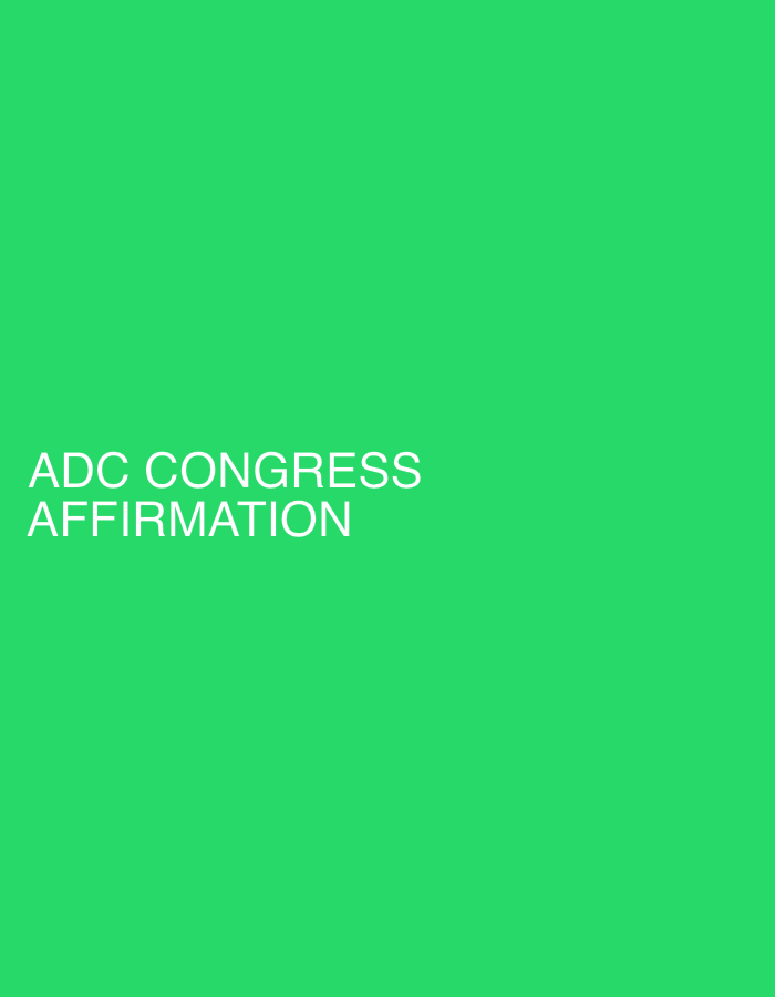 The image shows white text on a green background. The text reads "ADC CONGRESS AFFIRMATION". The scene does not contain any information about the city of Bukuru, Nigeria or anything about people, subjects, objects, actions, interactions, or the environment.