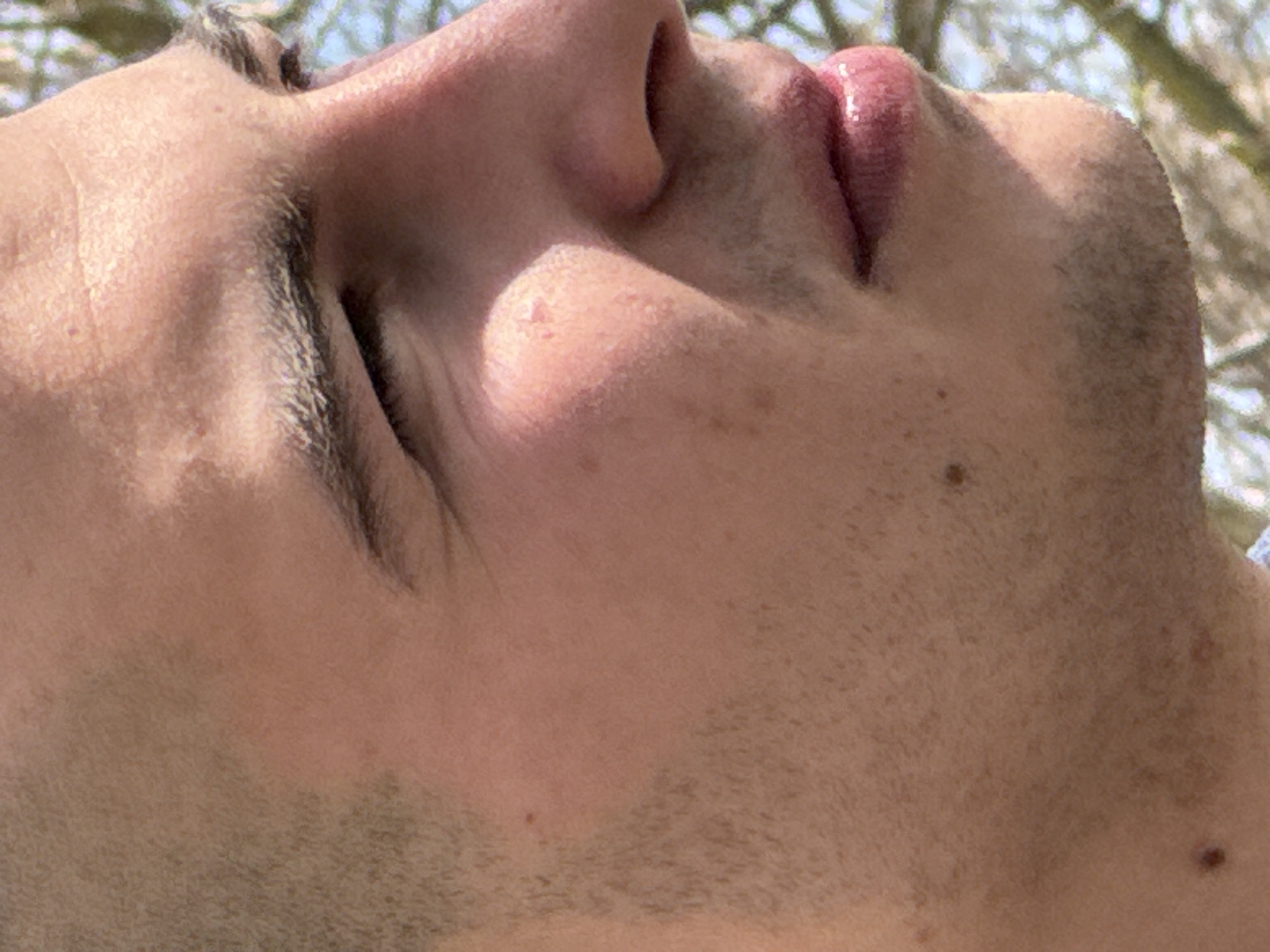 A close-up, low-angle shot of a man's face, angled upwards, fills the frame. The man has fair skin, dark eyelashes, and stubble. His nose, lips, and the area around his eye are visible. The background is blurry, showing out-of-focus branches and a sky with light blue patches, likely visible through the branches. The photo appears to be taken outdoors in daylight. There is no indication this picture was taken in Topoli, Bulgaria.