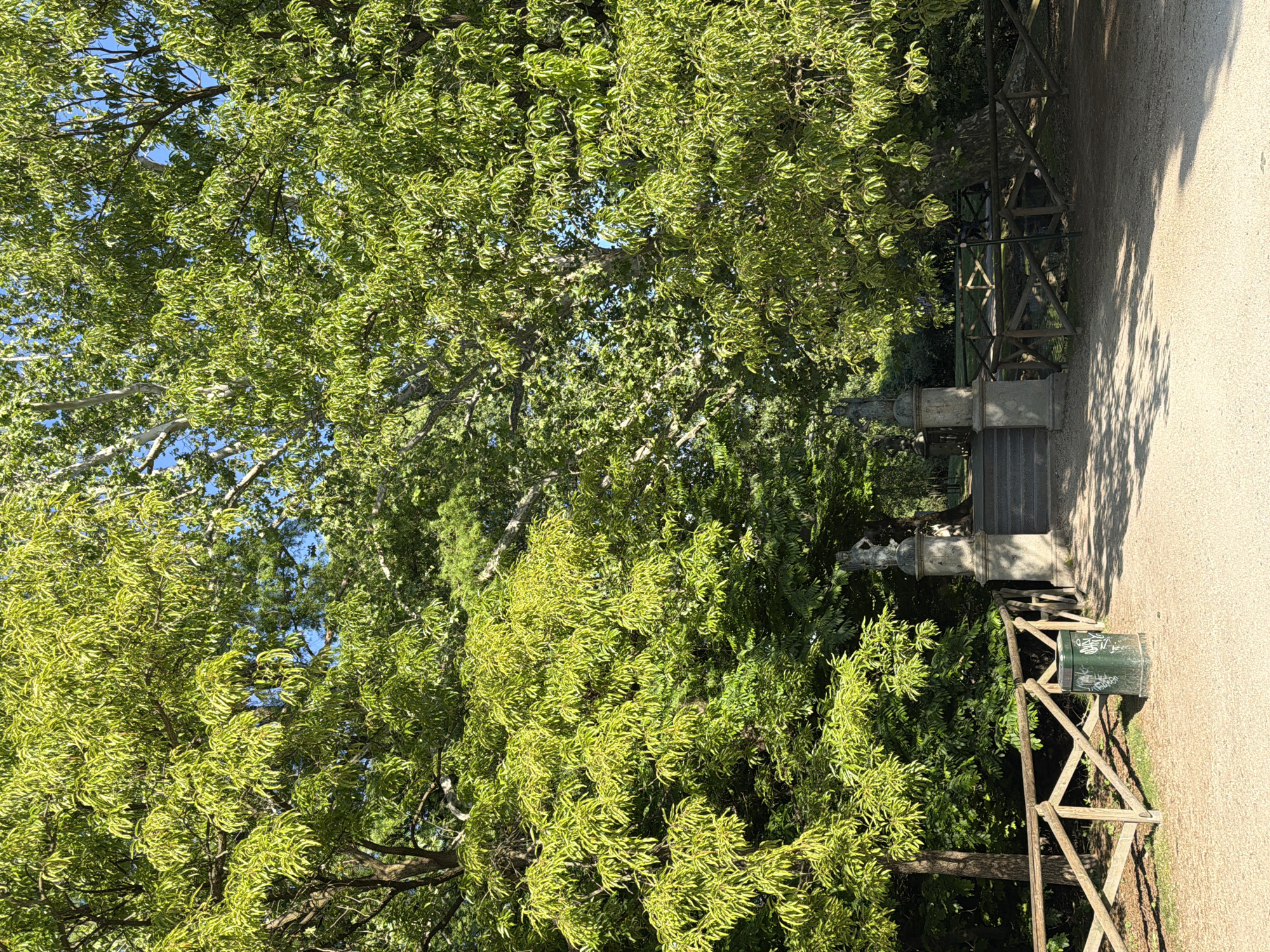 This is an outdoor scene in Milan, Italy. The location is likely a park or garden setting, indicated by the presence of lush green trees with dense foliage. The sky is visible through gaps in the tree canopy. There is a stone monument or structure with steps leading up to it. A wooden fence runs along a gravel path, alongside a trash can with graffiti. The scene is illuminated by bright sunlight. The perspective suggests the photo was taken from ground level.