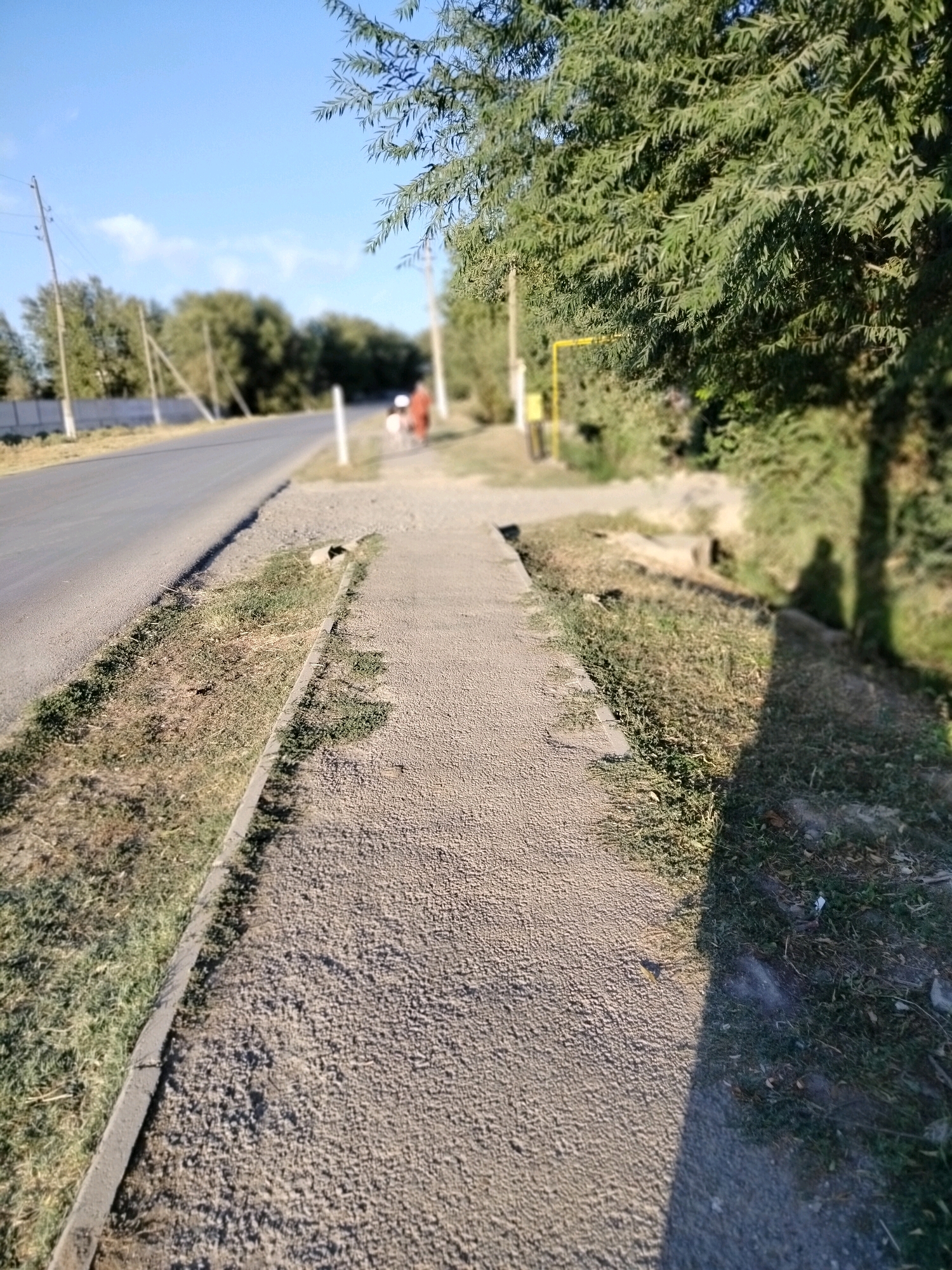 The image depicts a sunny day scene with a paved road and a gravel sidewalk in Kolkent, Kazakhstan. A person in an orange garment is visible in the background, walking on the sidewalk. A large tree with dense foliage is on the right side of the image, casting a shadow that falls across the sidewalk. A yellow gas pipe is also visible in the background, near the tree. Power lines and utility poles line the road. The environment appears to be a suburban or rural area, with greenery and a clear blue sky.