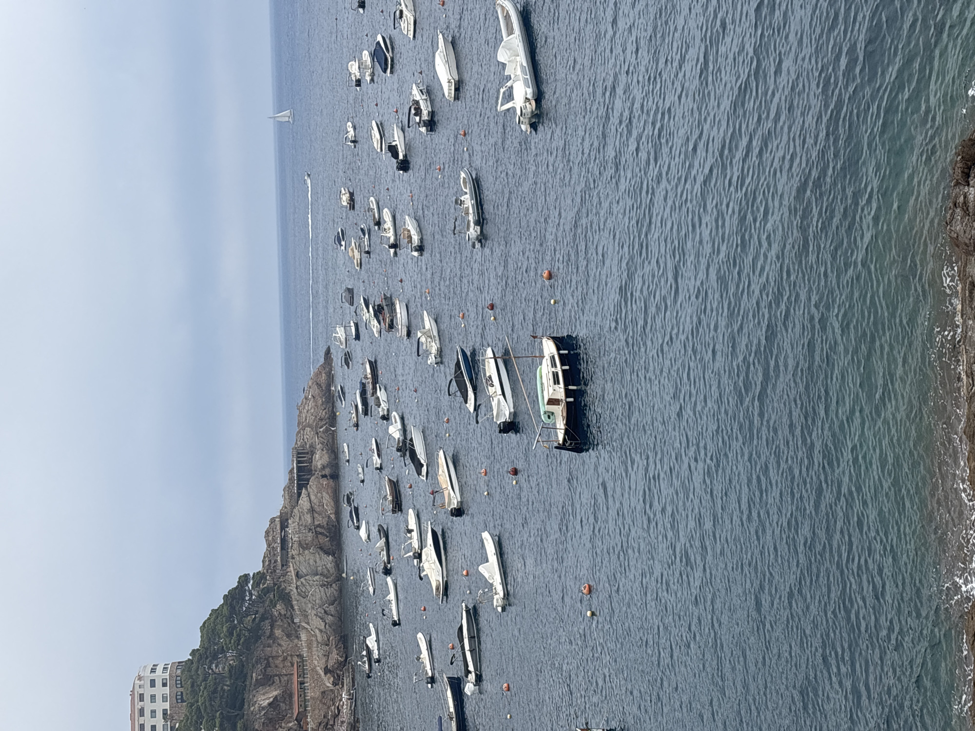 This is an aerial, eye-level, medium shot of a harbor filled with numerous small boats docked in a calm, blue sea under an overcast sky. The boats are a mix of motorboats and some sailboats, varying in size and color, with white being the most prevalent. The harbor is situated in a rocky cove, with a steep, tree-covered cliff face on the left side of the image. A large, multi-story building with white walls and a curved facade is visible at the top of the cliff. The coast extends into the distance, with more rocky formations and the sea merging with the hazy horizon. The scene appears to be in a Mediterranean coastal town, likely Begur, Spain, known for its scenic coves and rocky shores.