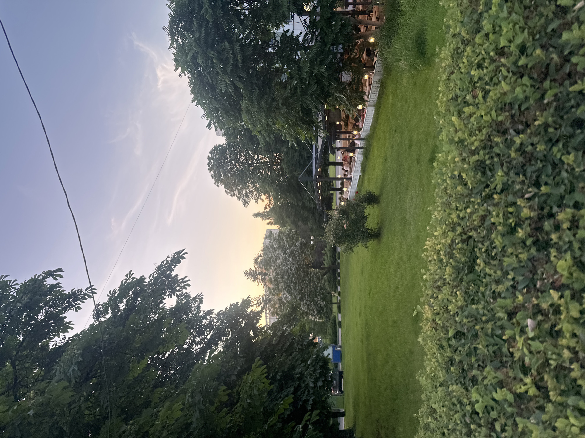 The image captures an outdoor seating area of a restaurant or cafe, likely in Chișinău, Moldova, during dusk. A lush green lawn stretches across the foreground, bordered by manicured bushes. In the mid-ground, an open-air dining space is visible, covered by a dark-colored canopy supported by wooden beams. String lights illuminate the area, casting a warm glow on multiple tables and chairs where patrons are seated, engaged in dining and conversation. A white railing separates the lawn from the dining area.
Dominating the left side of the image is the dense foliage of a large tree, its leaves casting shadows on the grass. In the background, beyond the dining area, more trees are present, along with a multi-story building. A street with a parked car and a blue bin is visible to the far left, suggesting an urban setting. The sky above is a soft gradient of purple and orange, indicative of sunset, with wispy clouds present. A dark power line runs diagonally across the upper portion of the frame.