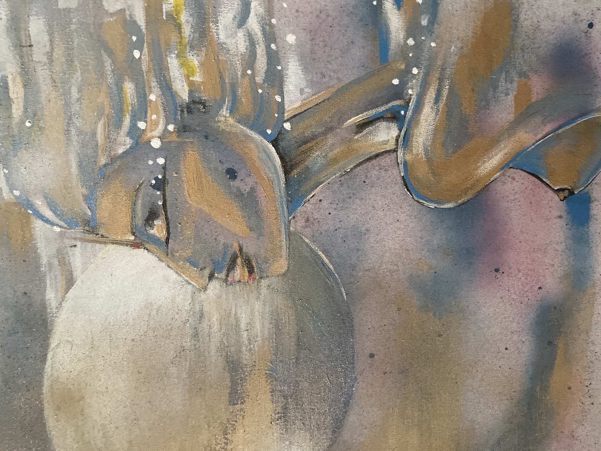 The image shows a close-up of an abstract painting. The dominant colors are gray, beige, blue, and hints of yellow and pink. Shapes are fluid and indistinct, with a large circular form at the bottom left. There are splatters of white paint across some areas. The background is a blend of colors, with no clearly defined objects or people. It's impossible to determine any location, including Ubud District, Indonesia, based solely on the provided image.