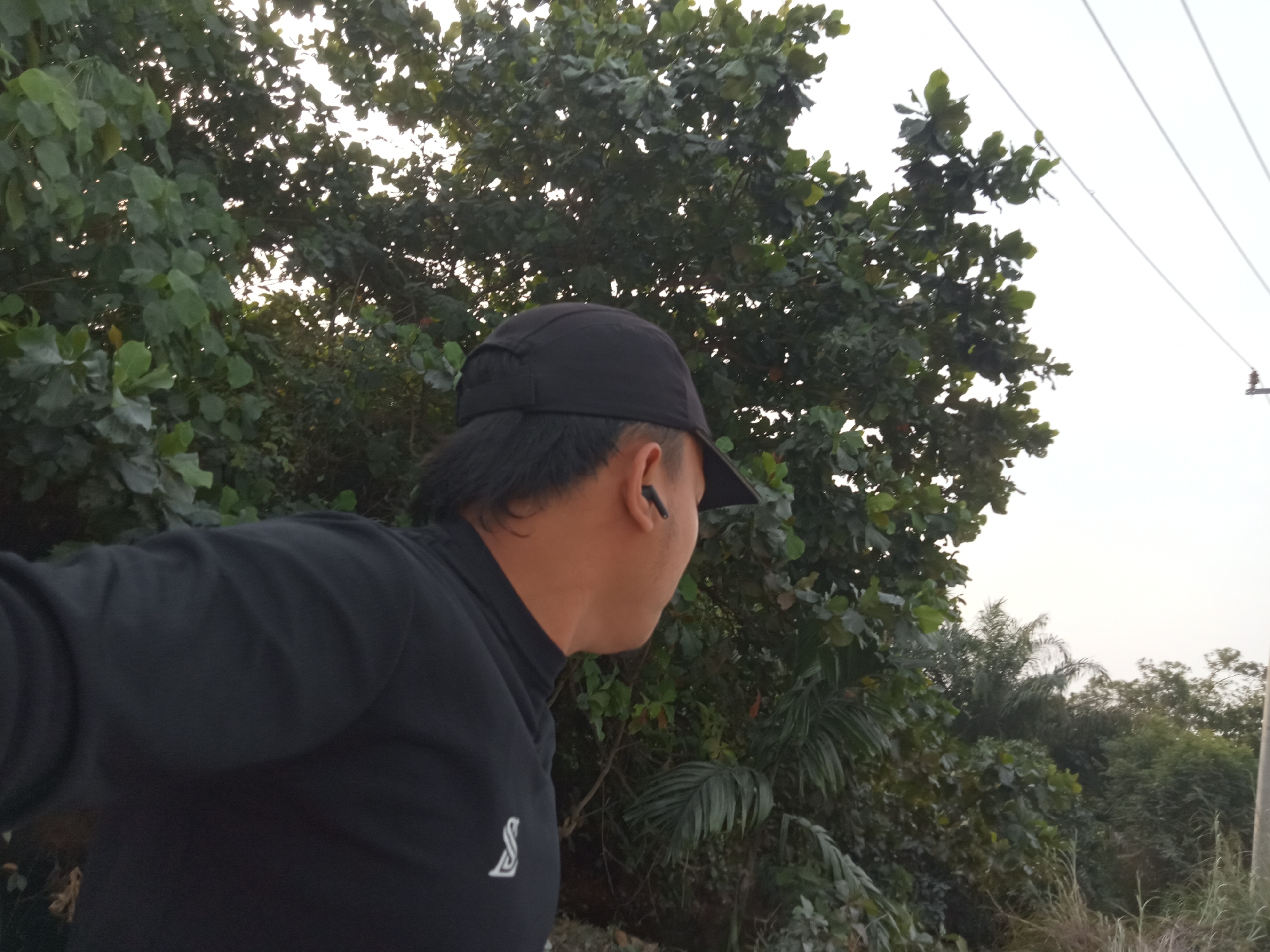The image captures a close-up profile of a person wearing a black baseball cap and a black long-sleeved shirt. The person has dark hair visible beneath the cap and is wearing a black wireless earbud in their right ear. Their head is turned to the right, looking away from the camera. The background consists of dense green foliage, suggesting an outdoor, possibly natural, environment. In the upper right corner of the image, power lines are visible against a bright, overcast sky. The overall lighting indicates it may be late afternoon or early morning. The specific location in Teluk Kenidai, Indonesia, is not visually discernible from the image itself, but the presence of lush vegetation and power lines are common elements in many parts of Indonesia.