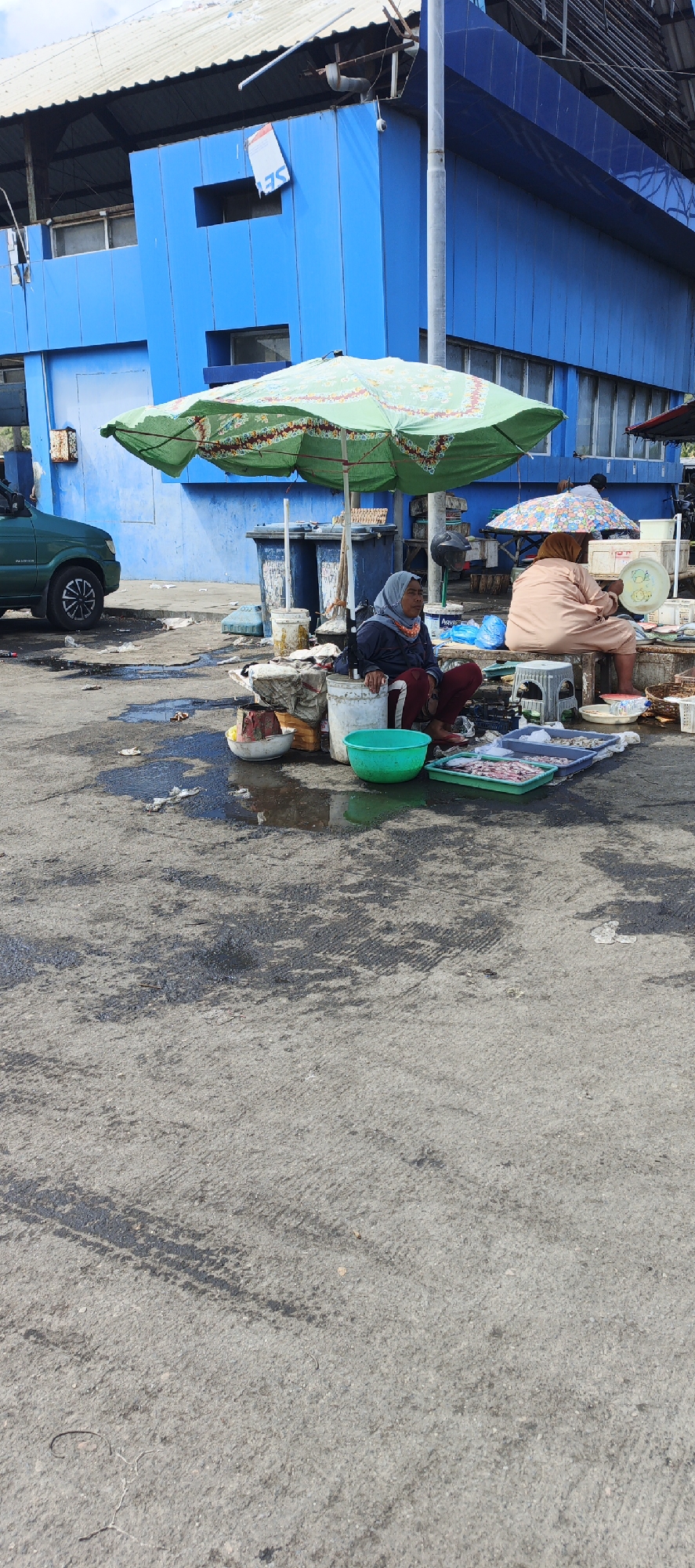 In Puger, Indonesia, two women are seen selling fish under a green umbrella. The woman on the left, wearing a headscarf, sits on a bucket next to a green basin and a pile of fish. The woman on the right, also with a headscarf, sits on a stool and is arranging items on a tray. They are positioned on a wet asphalt surface in front of a bright blue building. Several trash cans and buckets are visible nearby, along with a green car parked to the left. The overall scene depicts a market environment with goods laid out for sale.