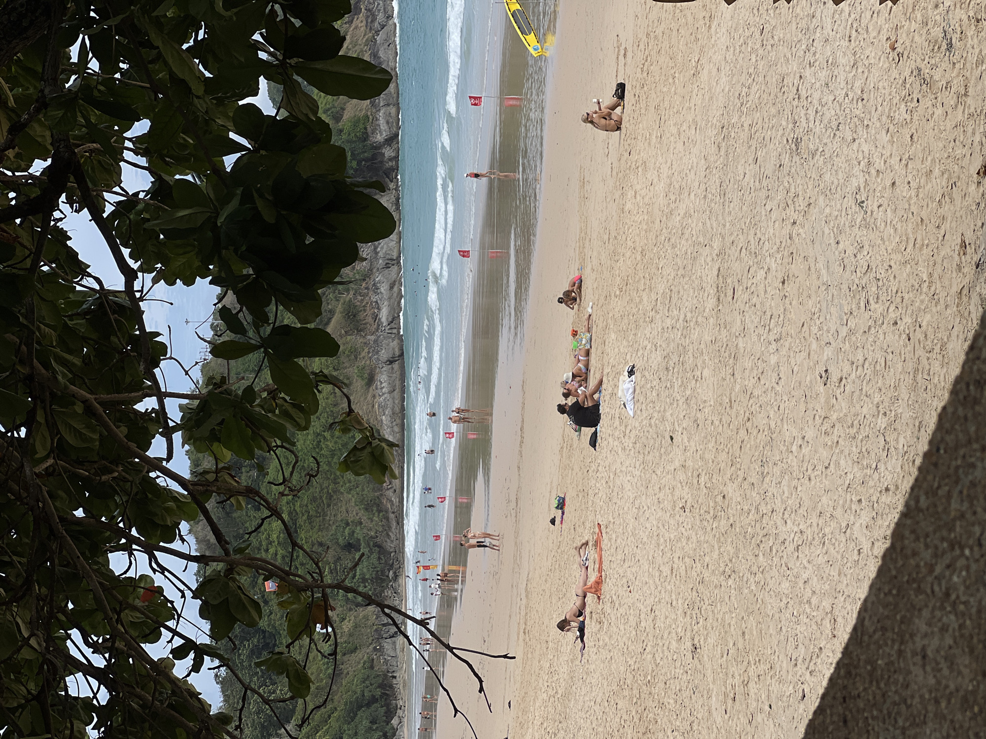 Here is a description of the image:
The image shows a beach scene, with a sandy beach occupied by several people engaged in leisure activities. To the left, lush green foliage from trees frames the view, suggesting a tropical or coastal location. The beach stretches towards the sea, where waves can be seen breaking. Red flags are positioned along the beach, likely indicating swimming or safety zones. People are seen sunbathing, walking along the shoreline, and interacting in small groups. A yellow surfboard is visible on the beach near the water. The overall scene suggests a relaxed and sunny day at the beach.