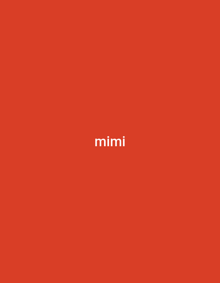 This is a media file featuring a solid, vibrant orange background. Centered on the background is the word "mimi" written in white, sans-serif text. There are no people, objects, scenes, or events depicted in the image. The image is static and does not convey any information about time of day, weather, location, or emotions. The only visible element is the text "mimi".