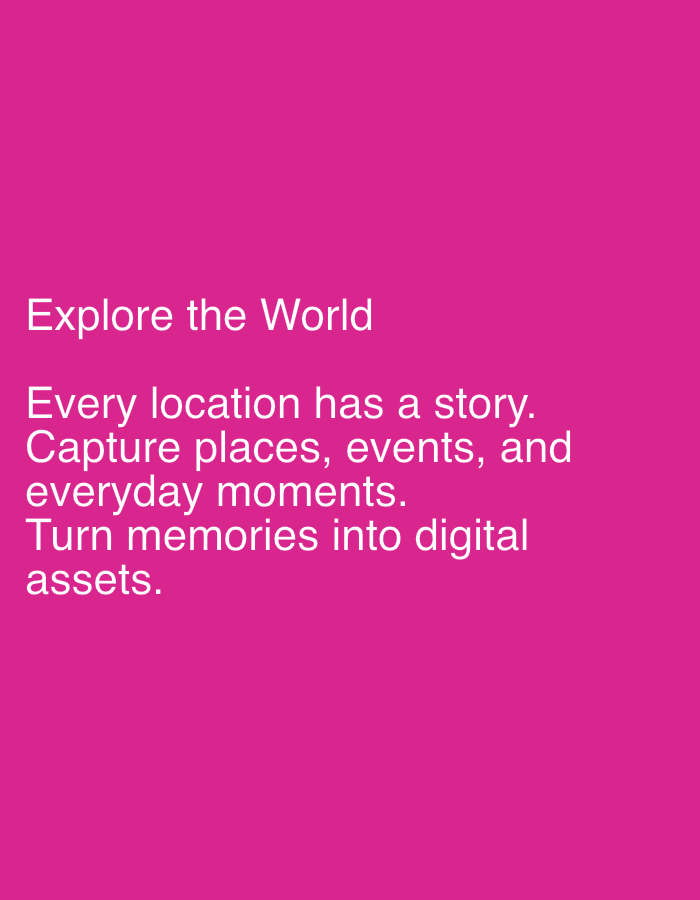 The image shows text on a pink background. The text reads: "Explore the World. Every location has a story. Capture places, events, and everyday moments. Turn memories into digital assets." There is no indication of any location in the city of Męcina, Poland.
