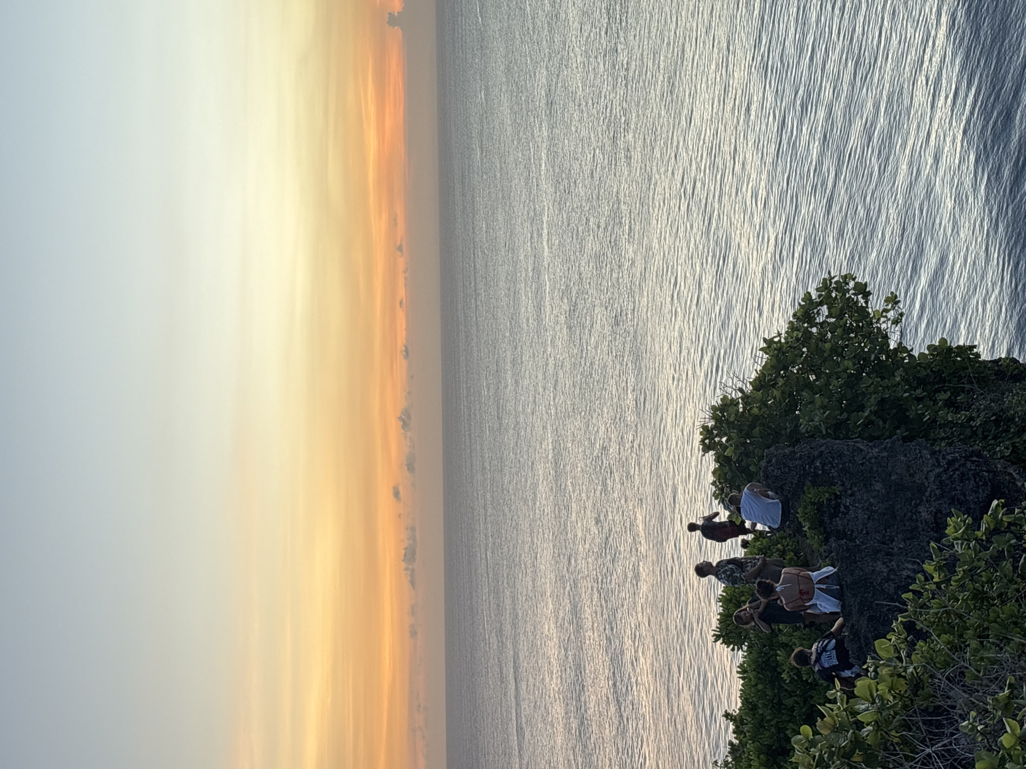 The image depicts a group of people on a rocky cliff overlooking the ocean at sunset. The location is in the city of Kuta Selatan, Indonesia. The sky is a mix of orange, yellow, and gray. The ocean is vast and shimmering. There are at least five people on the cliff; they appear to be tourists taking in the view. There are several large green shrubs on the cliff.