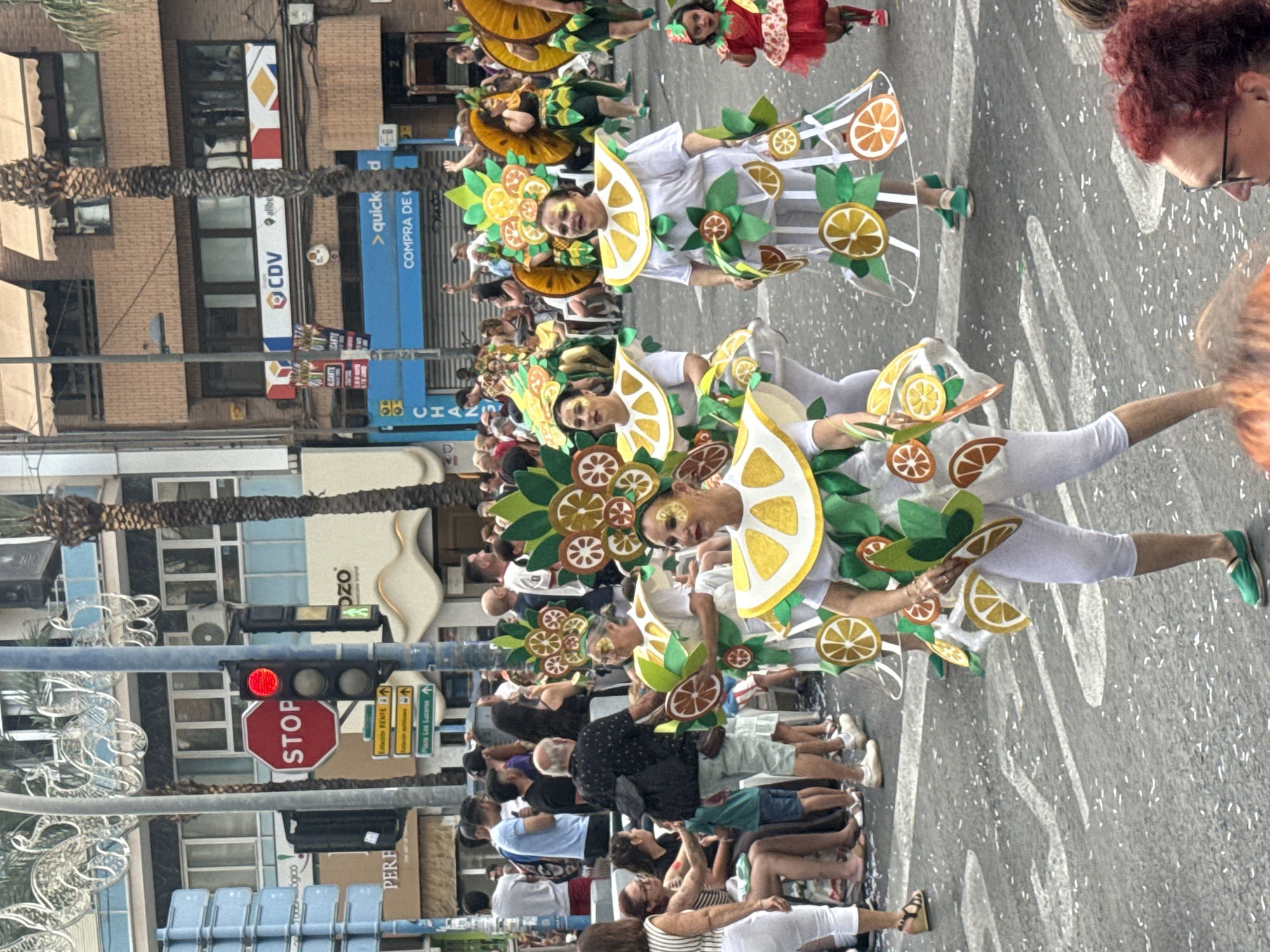 An outdoor street scene in Alicante, Spain, captures a vibrant daytime parade. Numerous individuals, predominantly women, are marching down the asphalt street, which is littered with white confetti. These participants are adorned in elaborate white costumes featuring oversized, stylized slices of lemons, oranges, and limes, coupled with green leaf embellishments; many also wear decorative headpieces and have gold face paint around their eyes. A small child in a red and pink strawberry-themed dress with a matching headband walks near the costumed adults. On the sidewalks, a diverse crowd of spectators watches the procession, some standing, others seated on portable chairs.
In the background, typical urban buildings line the street, displaying various windows, awnings, and commercial signs such as "CDV," "quickd," and "PERF." A prominent red octagonal "STOP" sign is visible alongside a traffic light showing red for vehicles and a green pedestrian signal. Directional street signs point to "Estacion RENFE," "Estacion autobuses," and "Plaza Los Luceros," confirming the location. Palm trees are scattered throughout the urban landscape. The overall atmosphere is festive and lively.