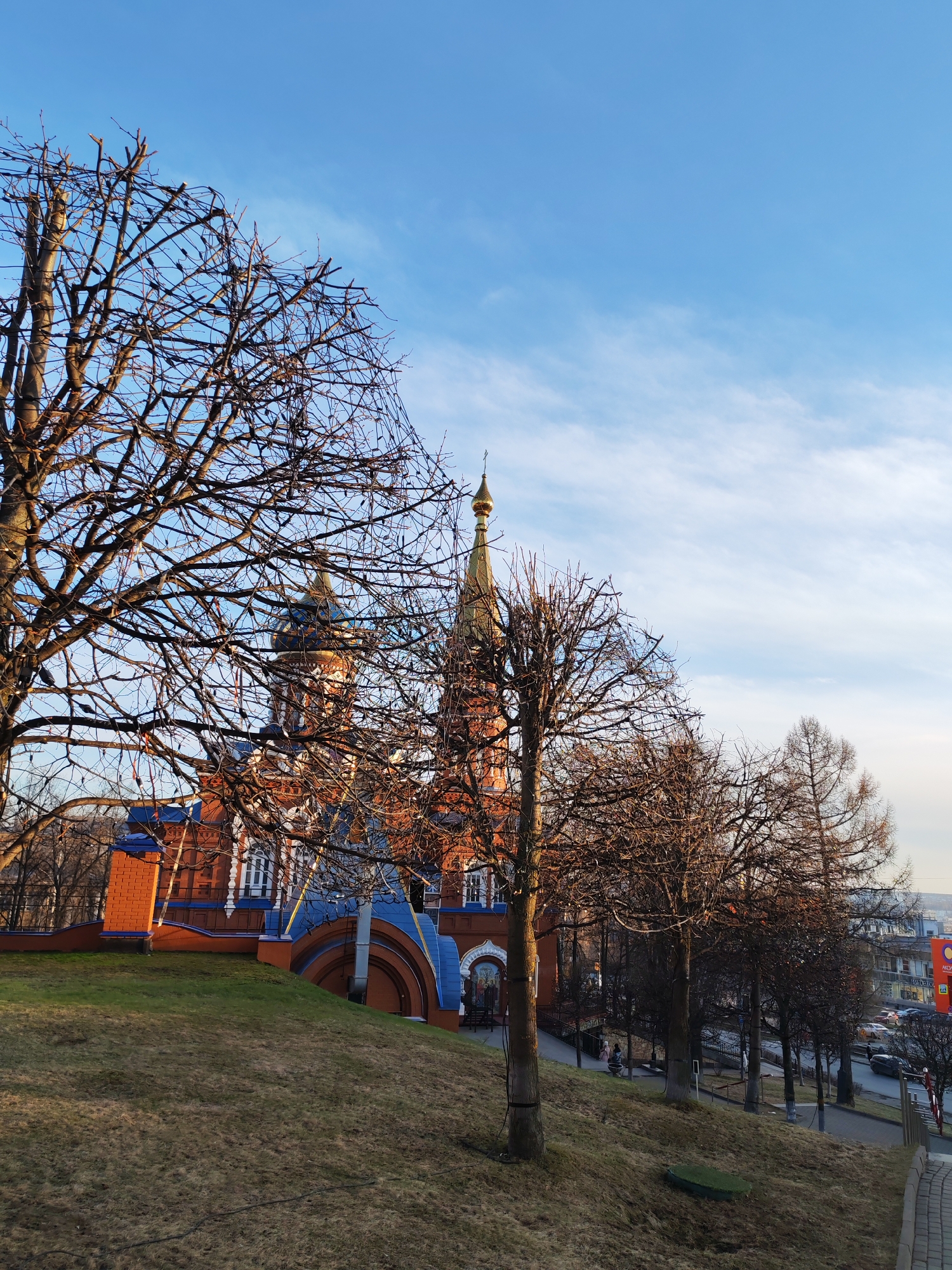 The image captures the Alexander Nevsky Cathedral in Izhevsk, Russia. The cathedral, with its distinctive red brick walls and blue accents, is partially obscured by bare trees, suggesting a late autumn or winter setting. The sky above is a gradient of blue, hinting at a clear day. The cathedral is situated on a grassy hill, with a path leading down towards the city. In the distance, buildings and parked cars are visible, providing context for the location within the city.