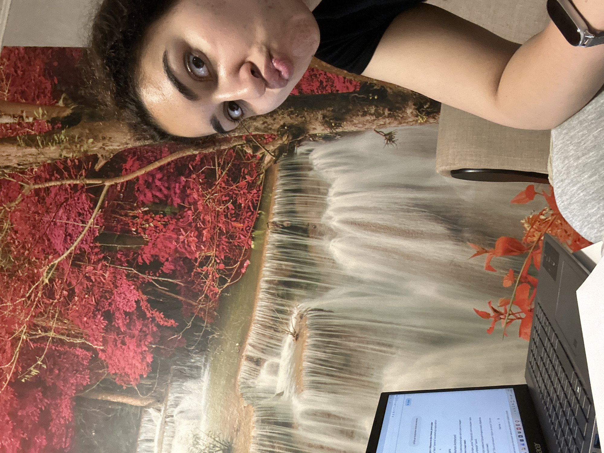 A person with dark hair and eyes, wearing a black shirt, is positioned in front of a wall mural depicting a multi-tiered waterfall surrounded by red and green foliage. A grey laptop sits on a surface to the right, with a screen displaying text. The location within Burgas, Bulgaria is not discernable from the visual information provided.