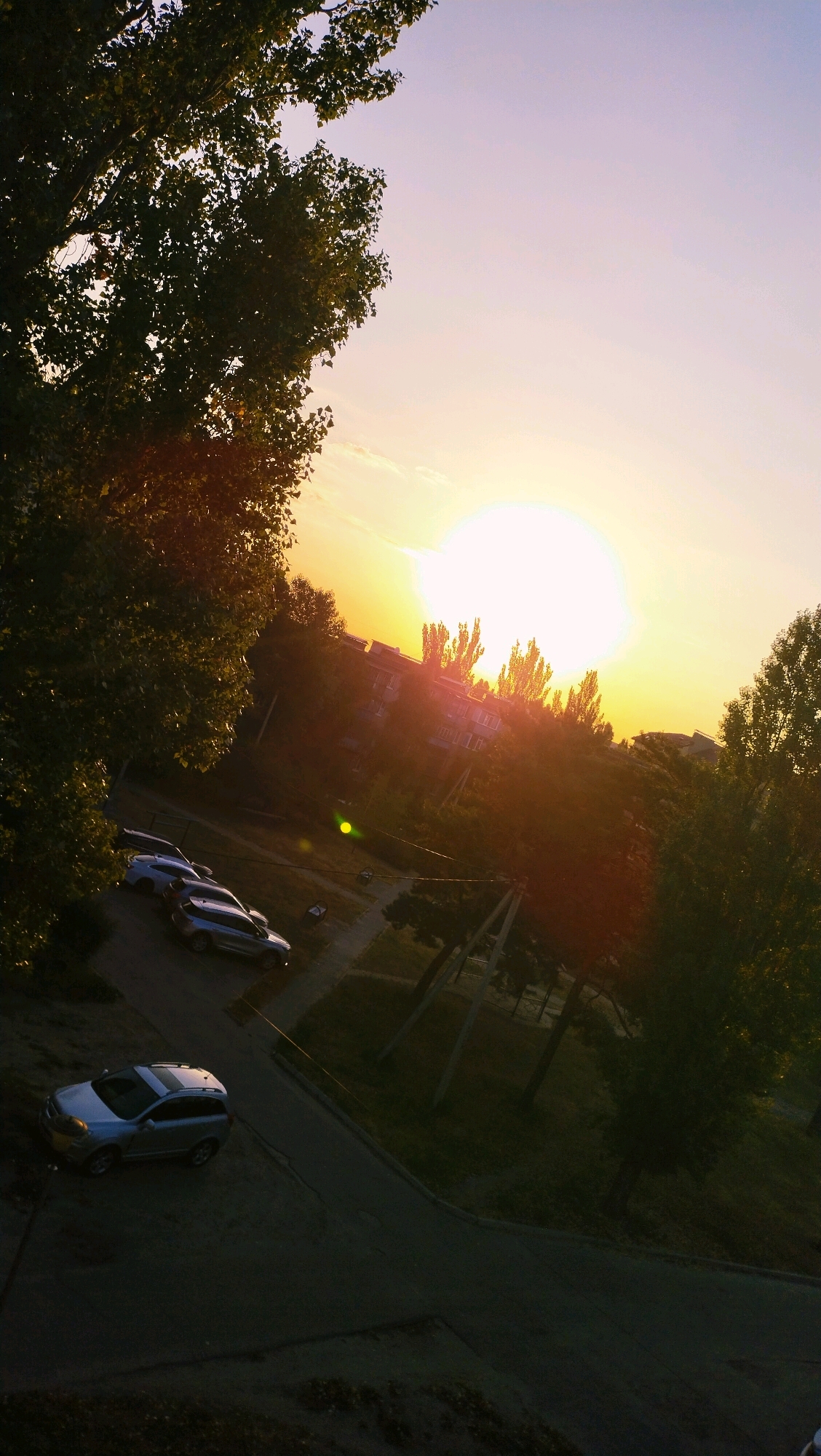 This is a photograph taken in the city of Horishni Plavni, Ukraine, depicting a sunset. The sun is a large, bright orb in the upper right portion of the frame, casting a warm, golden light over the scene. The sky transitions from a bright yellow near the sun to a soft purple towards the top.
In the foreground, a large tree with dark green foliage occupies the left side of the image. In the mid-ground, several cars are parked on a road that curves through the scene. Two silver SUVs are prominently visible, one parked closer to the viewer and another further back. Beyond the cars, there are buildings, likely residential apartments, with trees interspersed among them. The architecture suggests a typical urban or suburban setting. The overall impression is one of a tranquil evening in a Ukrainian city, with nature and urban elements coexisting.