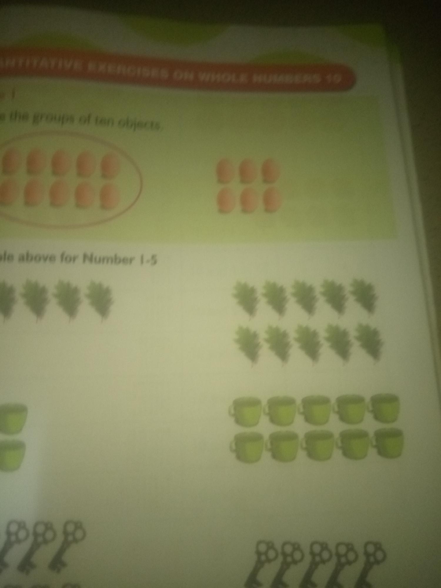 The image shows a page from a workbook, likely for young children, with exercises related to counting. The top of the page has the heading "QUANTITATIVE EXERCISES ON WHOLE NUMBERS 10". Below this, there is text that appears to say "the groups of ten objects," followed by two visual examples of groups of ten objects. The first group is of ten orange circles arranged in two rows of five, enclosed in an oval. The second group is also of ten orange circles, arranged in two rows of five. Further down the page, there are more visual exercises. One shows a group of ten green leaves arranged in two rows of five. Another shows ten green cups arranged in two rows of five. The bottom of the page shows a group of ten keys arranged in two rows of five. The overall environment is a flat, light-colored surface, possibly a desk or table, with the workbook open. There is no visible indication of a location in Jauro Yinu, Nigeria, or any people or specific actions.