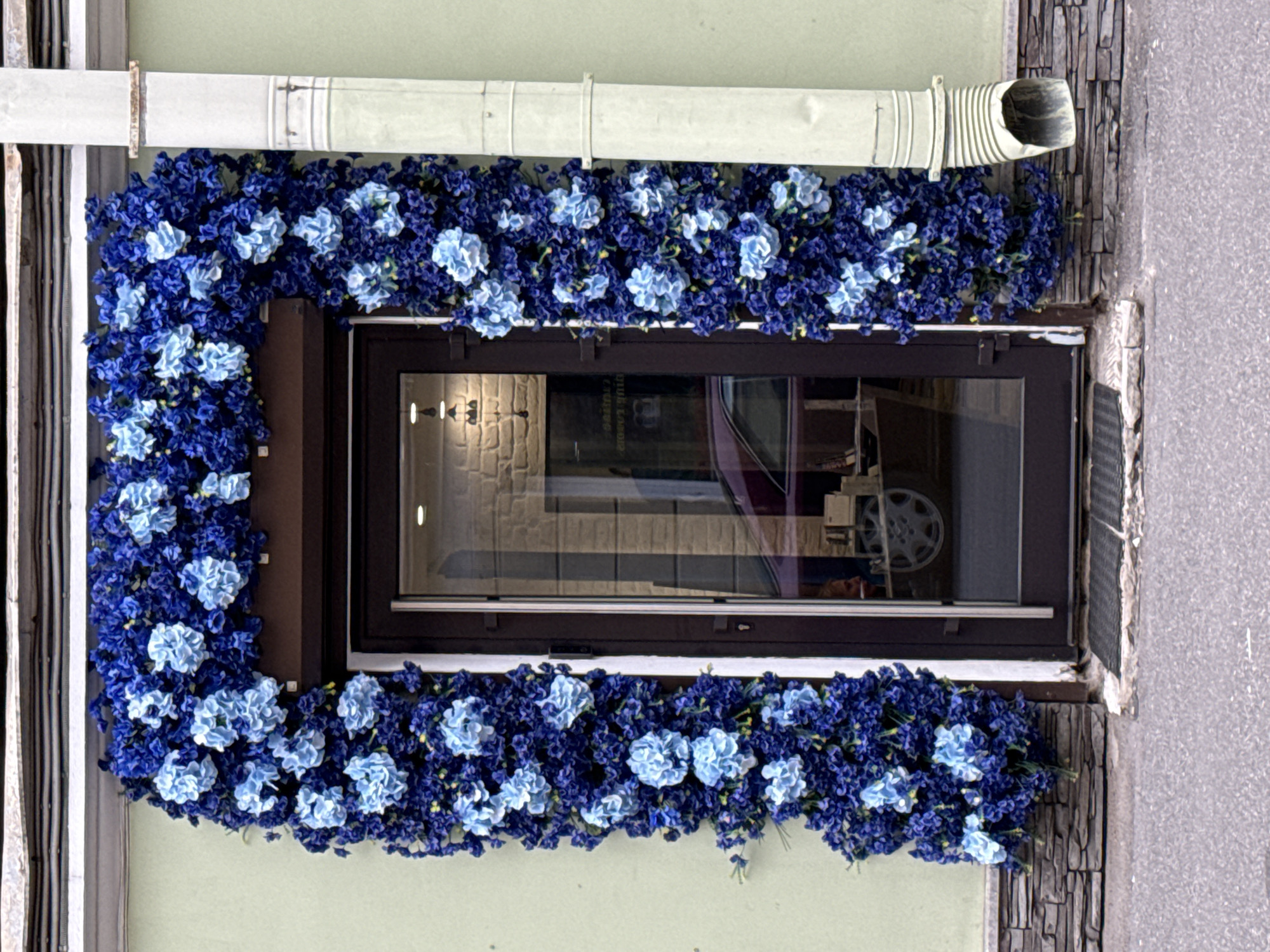 A vertical, medium shot captures a window of a building, adorned with blue flowers, in Saint Petersburg, Russia. The window, framed in brown, reflects a brick wall and the interior of a shop or office. The window is surrounded by a profusion of blue flowers, creating a colorful border around the window frame. A white gutter runs horizontally above the window, adding a functional element to the decorative scene. The wall around the window is a pale green, providing a neutral backdrop that makes the blue flowers stand out. The window is set within the wall of a building in Saint Petersburg, Russia. The scene suggests a charming, well-maintained building, possibly a shop or café, adding to the aesthetic appeal of the cityscape.